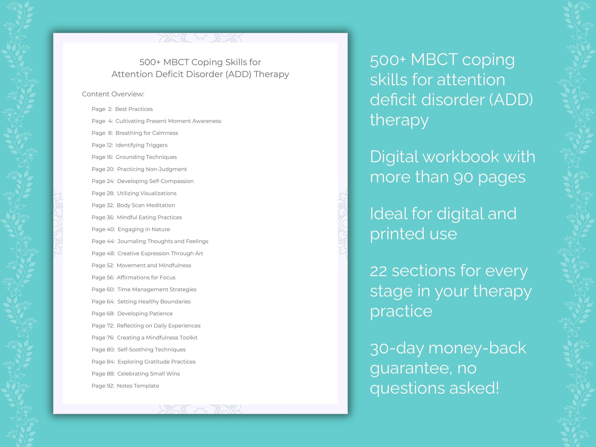 Attention Deficit Disorder (ADD) Mindfulness-Based Cognitive Therapy (MBCT) Therapist Worksheets