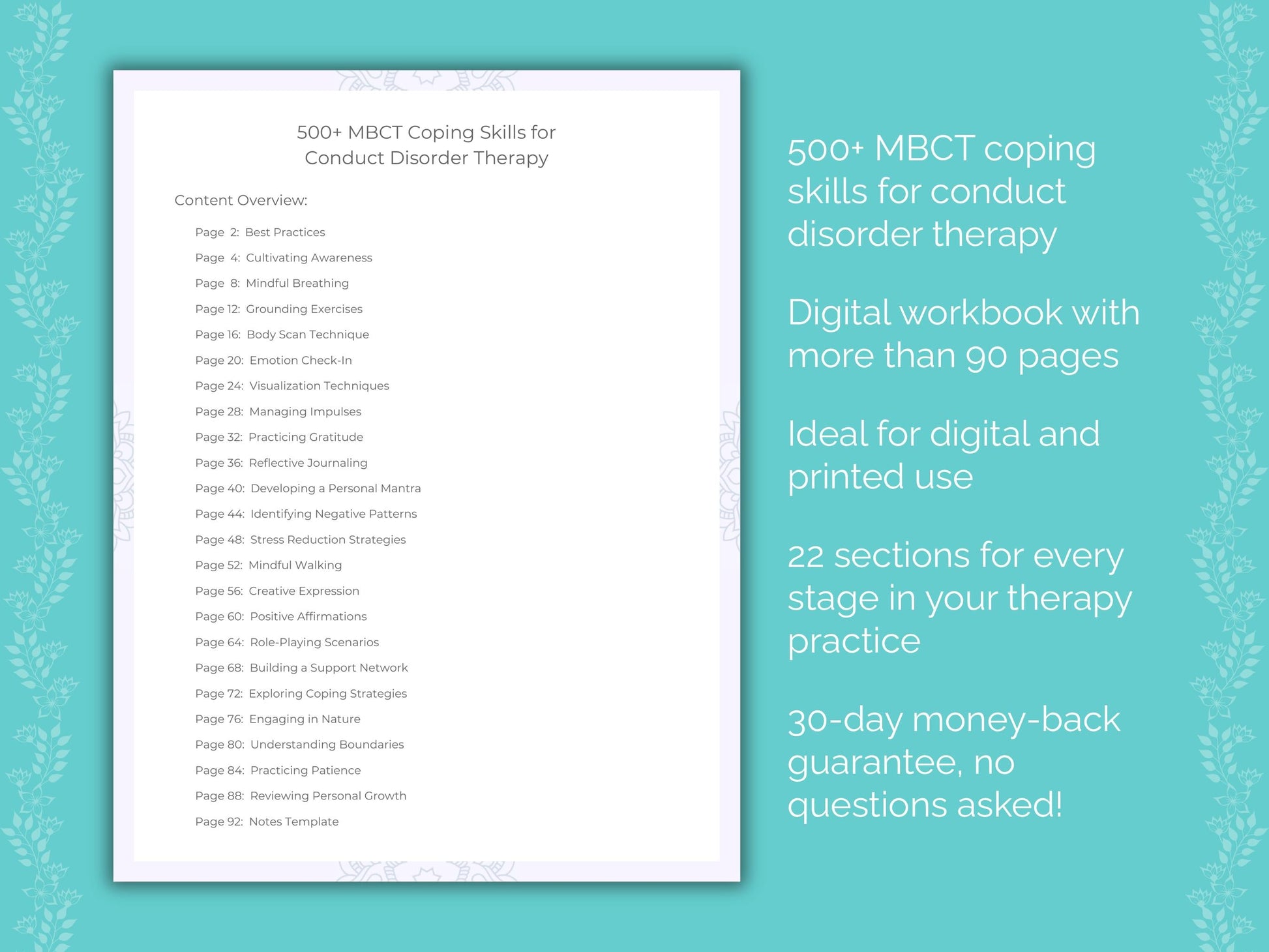 Conduct Disorder Mindfulness-Based Cognitive Therapy (MBCT) Therapist Worksheets