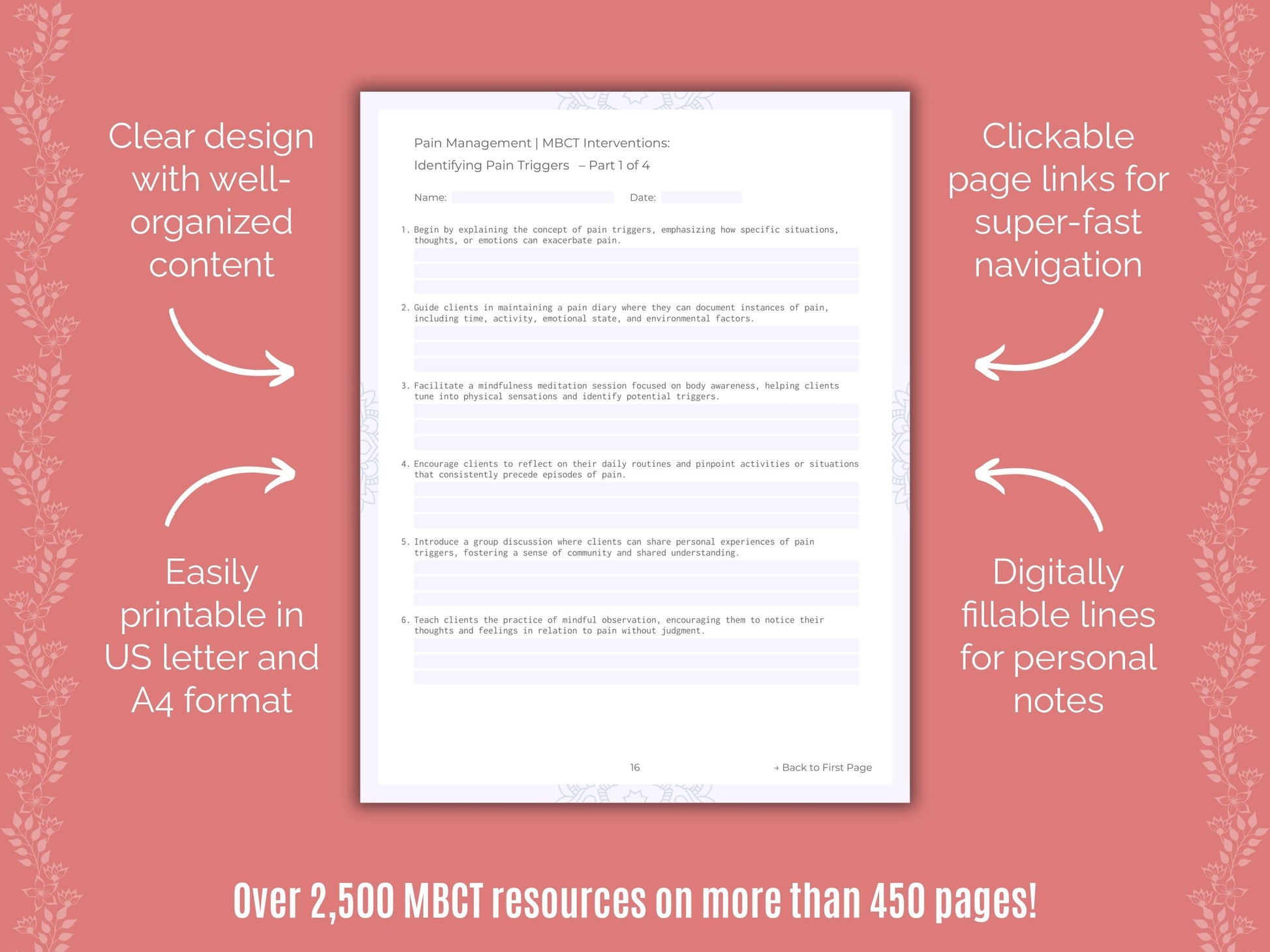 Pain Management Mindfulness-Based Cognitive Therapy (MBCT) Counseling Templates