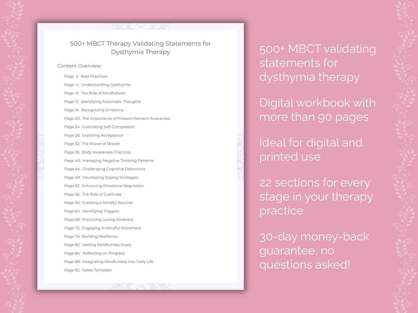 Dysthymia Mindfulness-Based Cognitive Therapy (MBCT) Therapist Worksheets