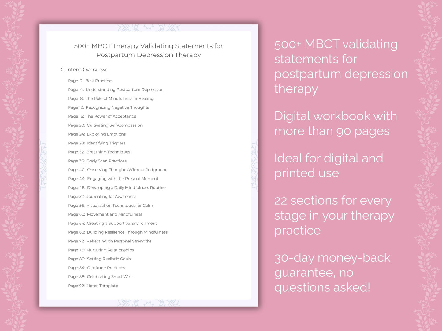 Postpartum Depression Mindfulness-Based Cognitive Therapy (MBCT) Therapist Worksheets