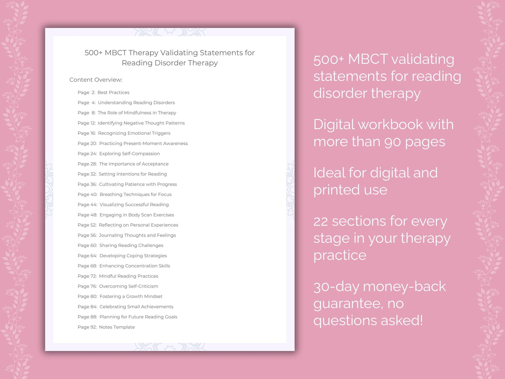 Reading Disorder Mindfulness-Based Cognitive Therapy (MBCT) Therapist Worksheets