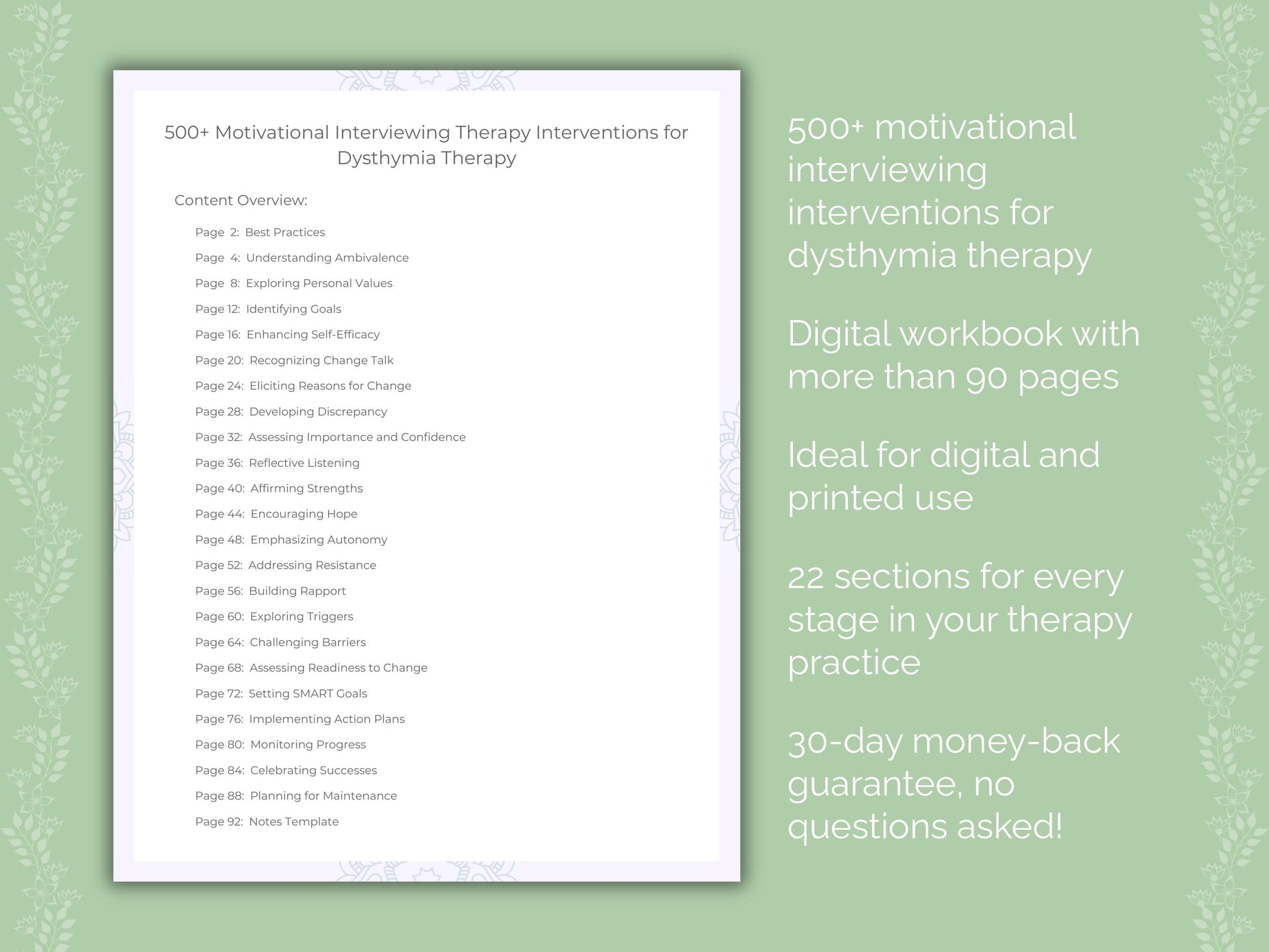 Dysthymia Motivational Interviewing Therapist Worksheets