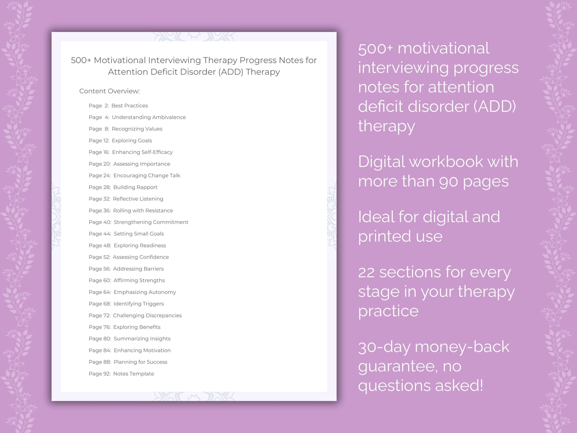 Attention Deficit Disorder (ADD) Motivational Interviewing Therapist Worksheets