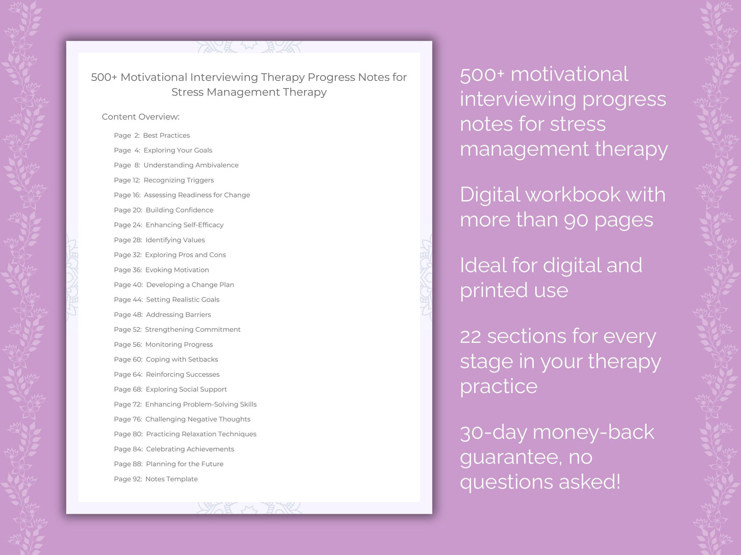Stress Management Motivational Interviewing Therapist Worksheets