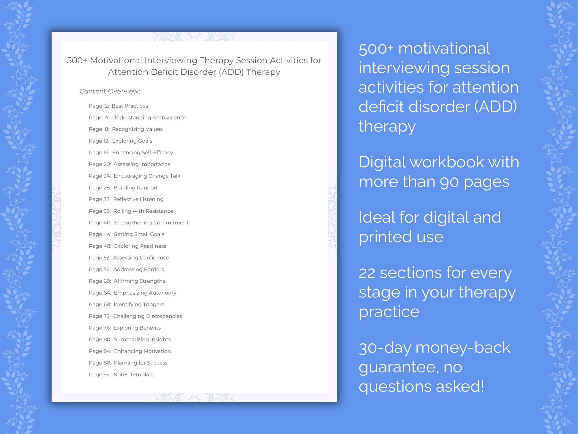 Attention Deficit Disorder (ADD) Motivational Interviewing Therapist Worksheets