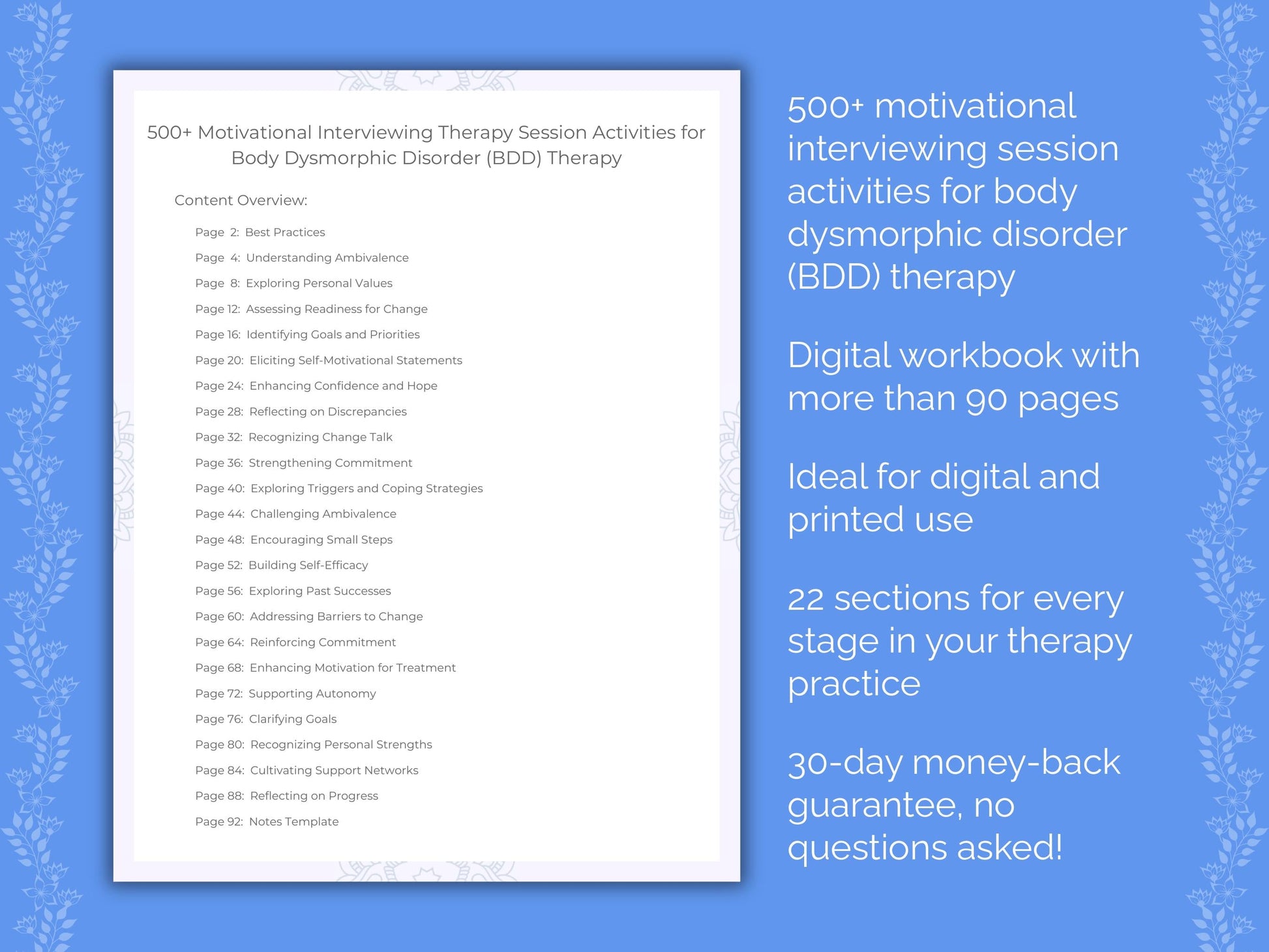 Body Dysmorphic Disorder (BDD) Motivational Interviewing Therapist Worksheets