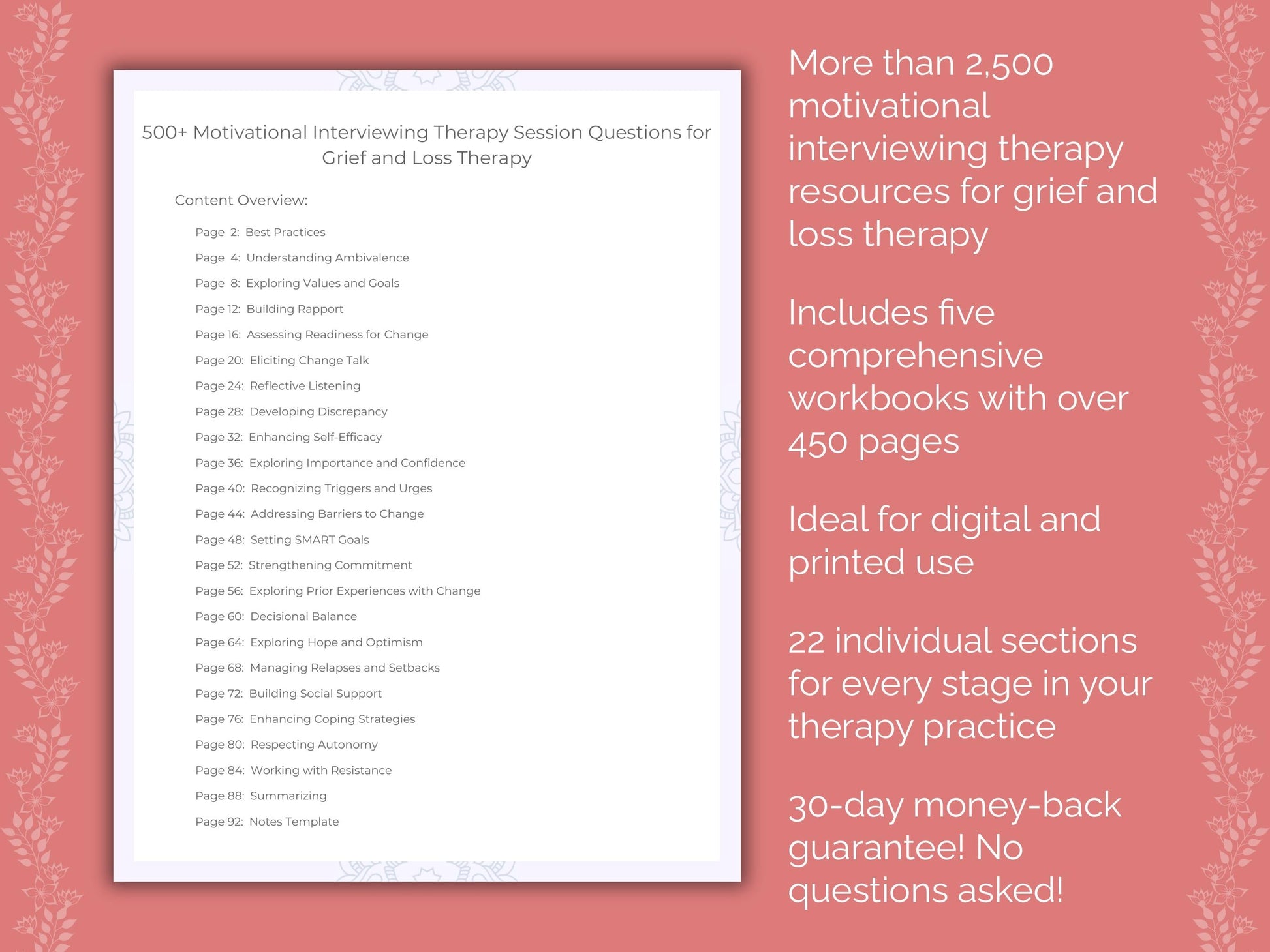 Grief and Loss Motivational Interviewing Therapist Worksheets