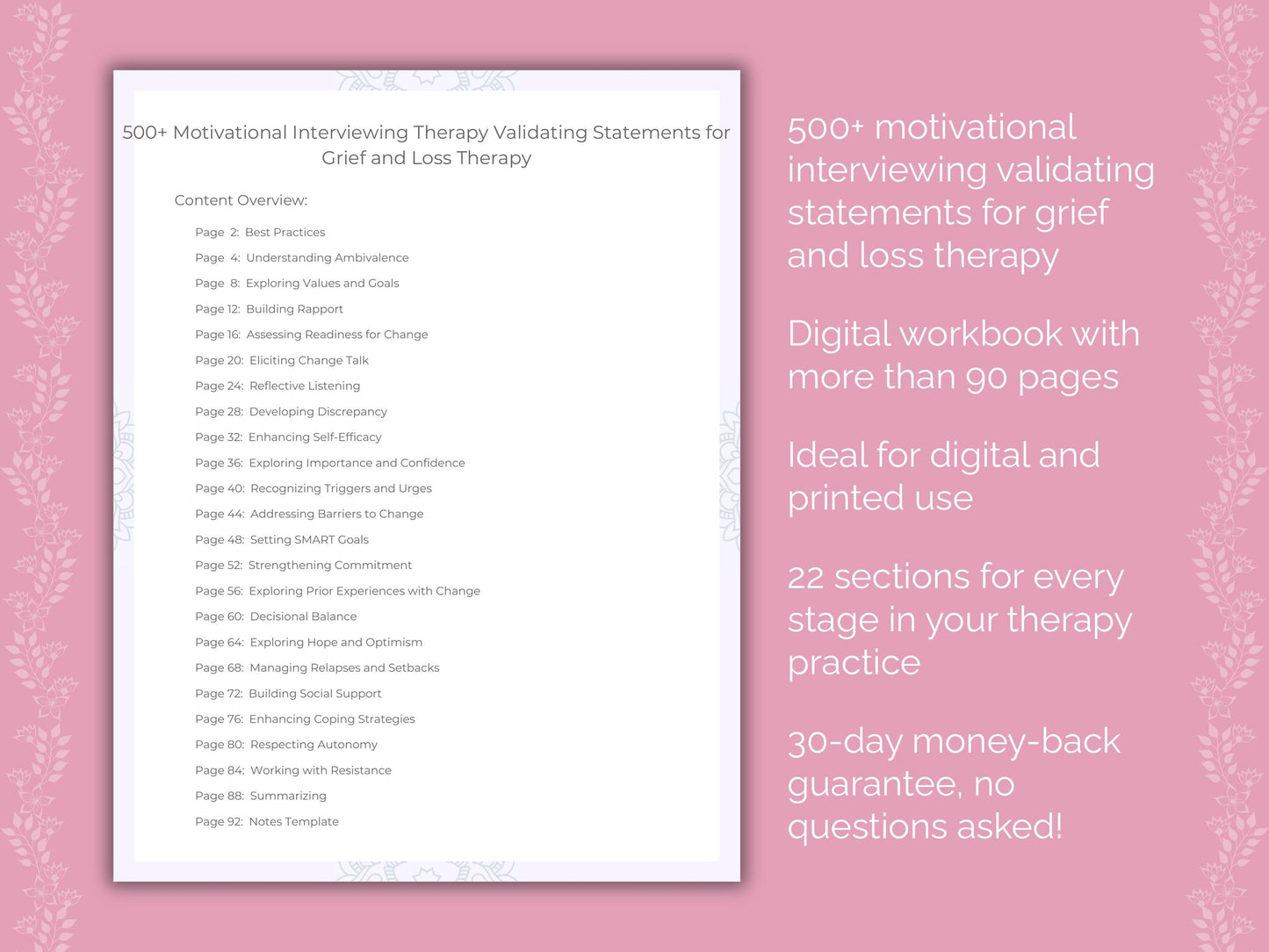 Grief and Loss Motivational Interviewing Therapist Worksheets