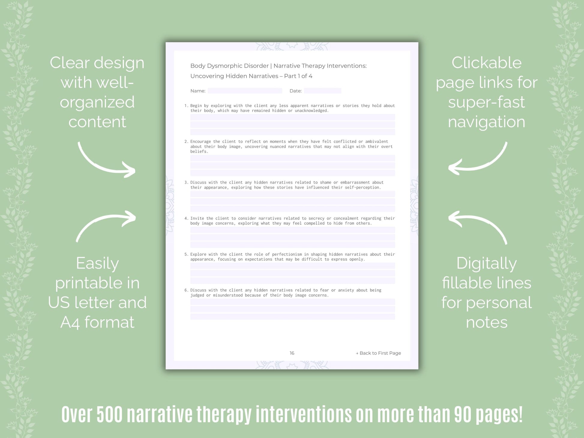 Body Dysmorphic Disorder (BDD) Narrative Therapy Counseling Templates