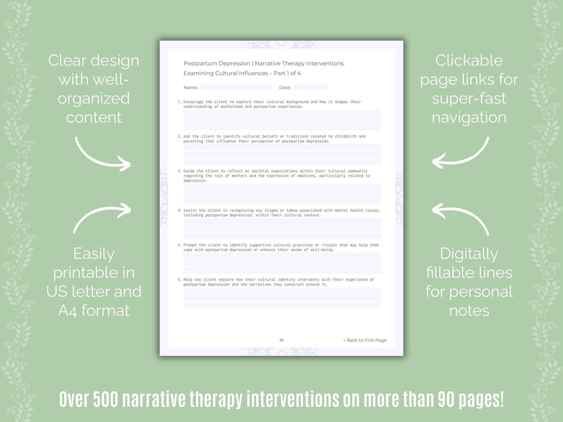 Postpartum Depression Narrative Therapy Counseling Templates