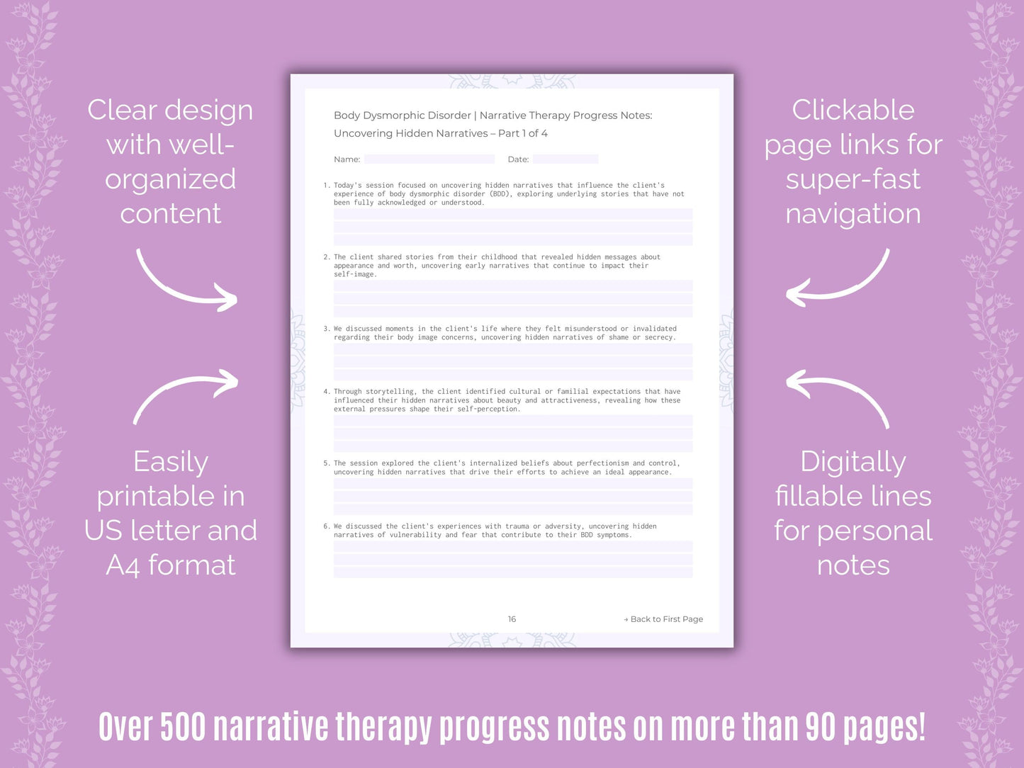 Body Dysmorphic Disorder (BDD) Narrative Therapy Counseling Templates