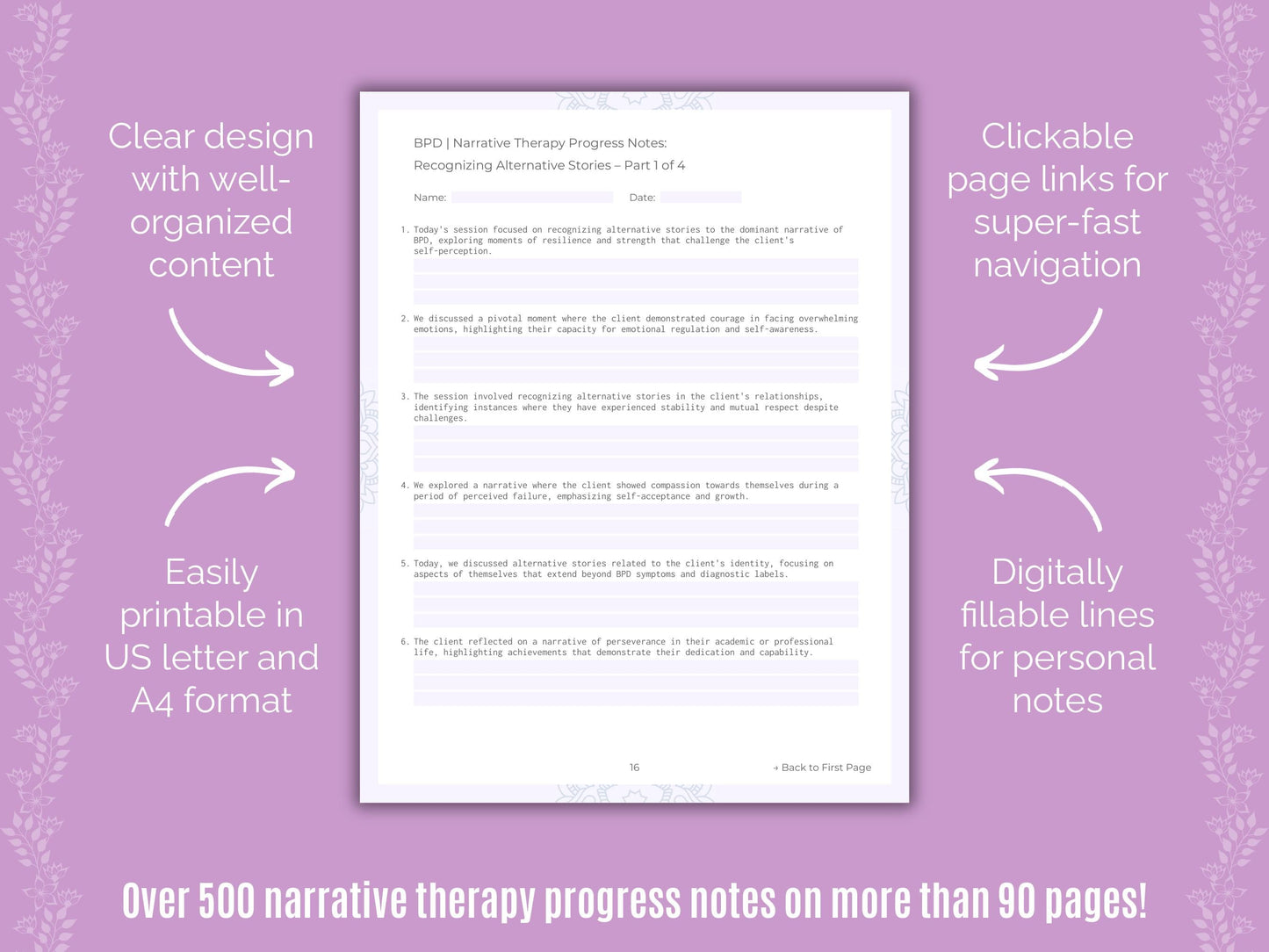 Borderline Personality Disorder (BPD) Narrative Therapy Counseling Templates