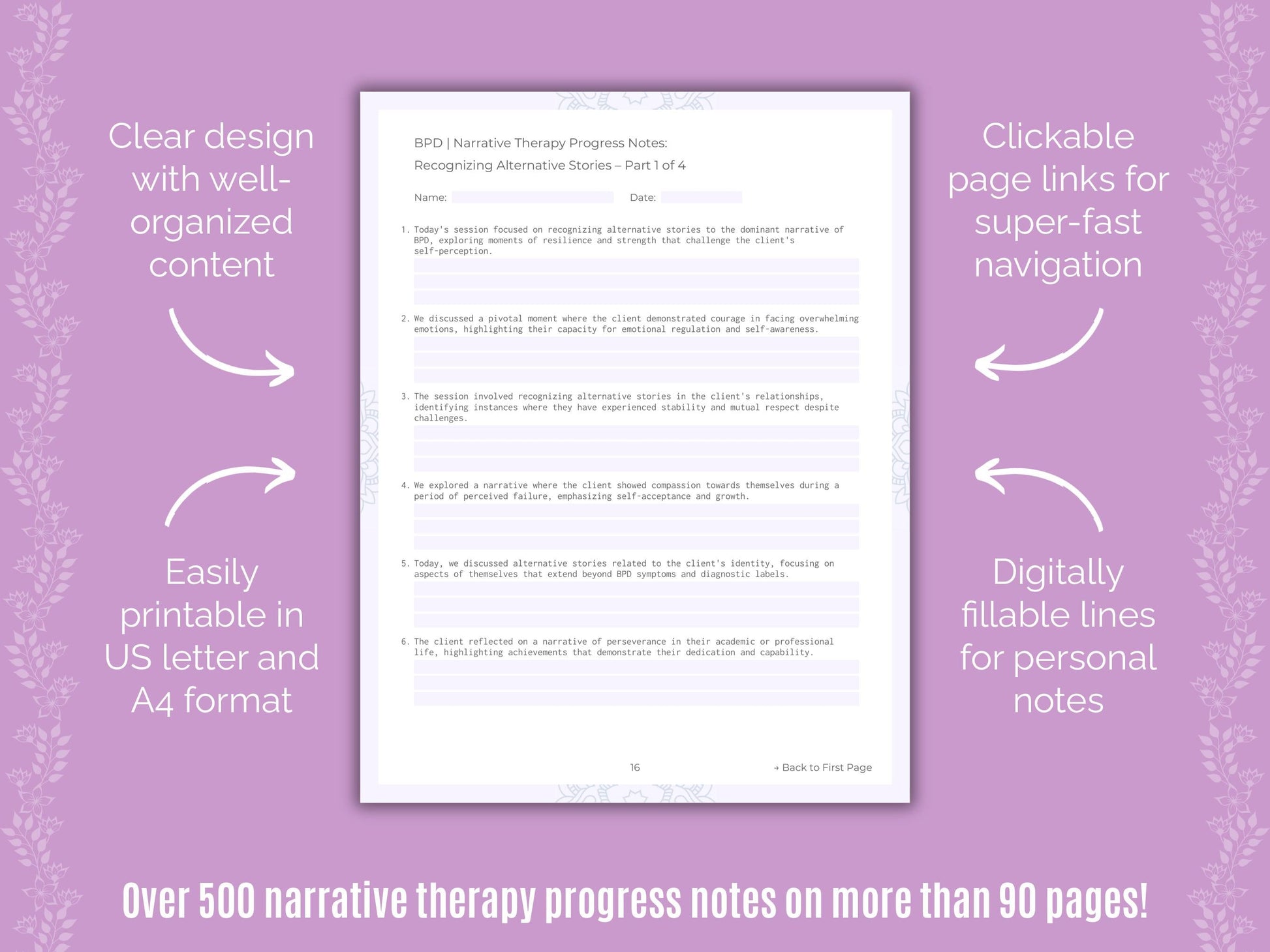 Borderline Personality Disorder (BPD) Narrative Therapy Counseling Templates