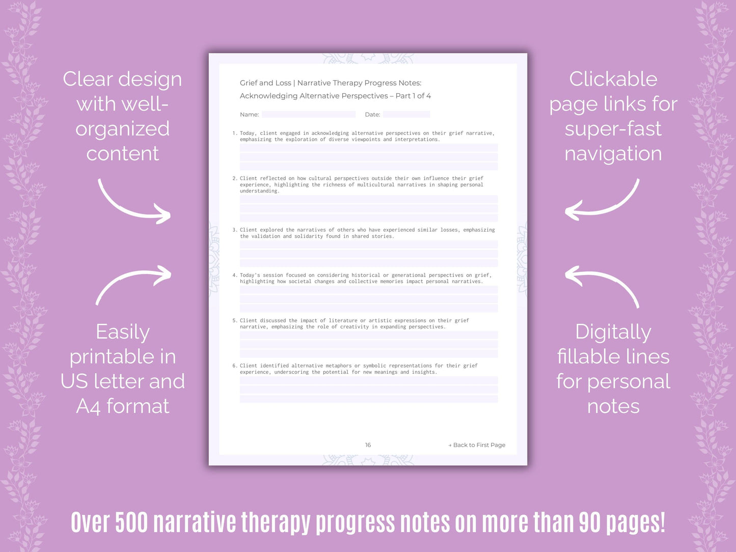 Grief and Loss Narrative Therapy Counseling Templates