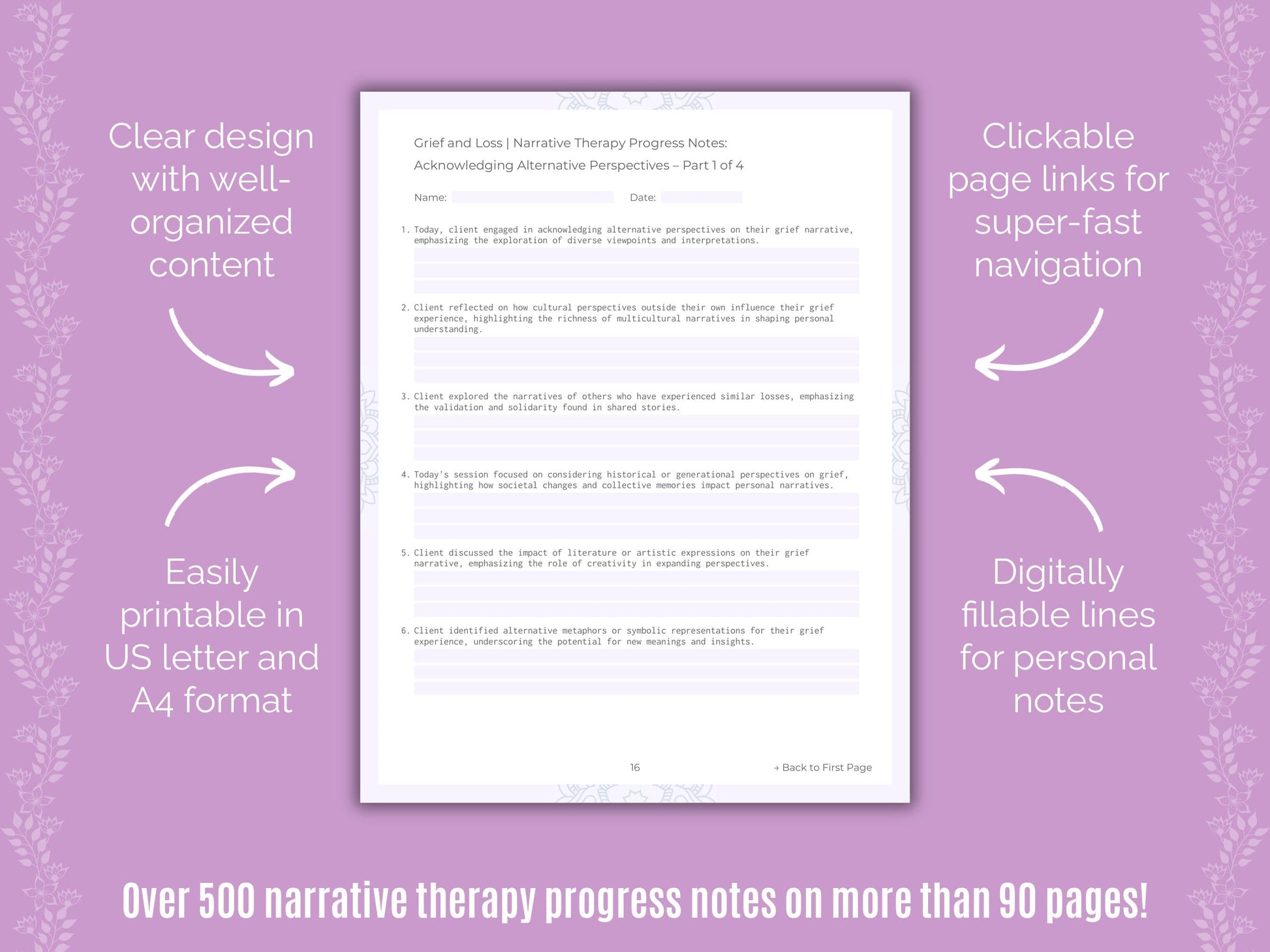 Grief and Loss Narrative Therapy Counseling Templates