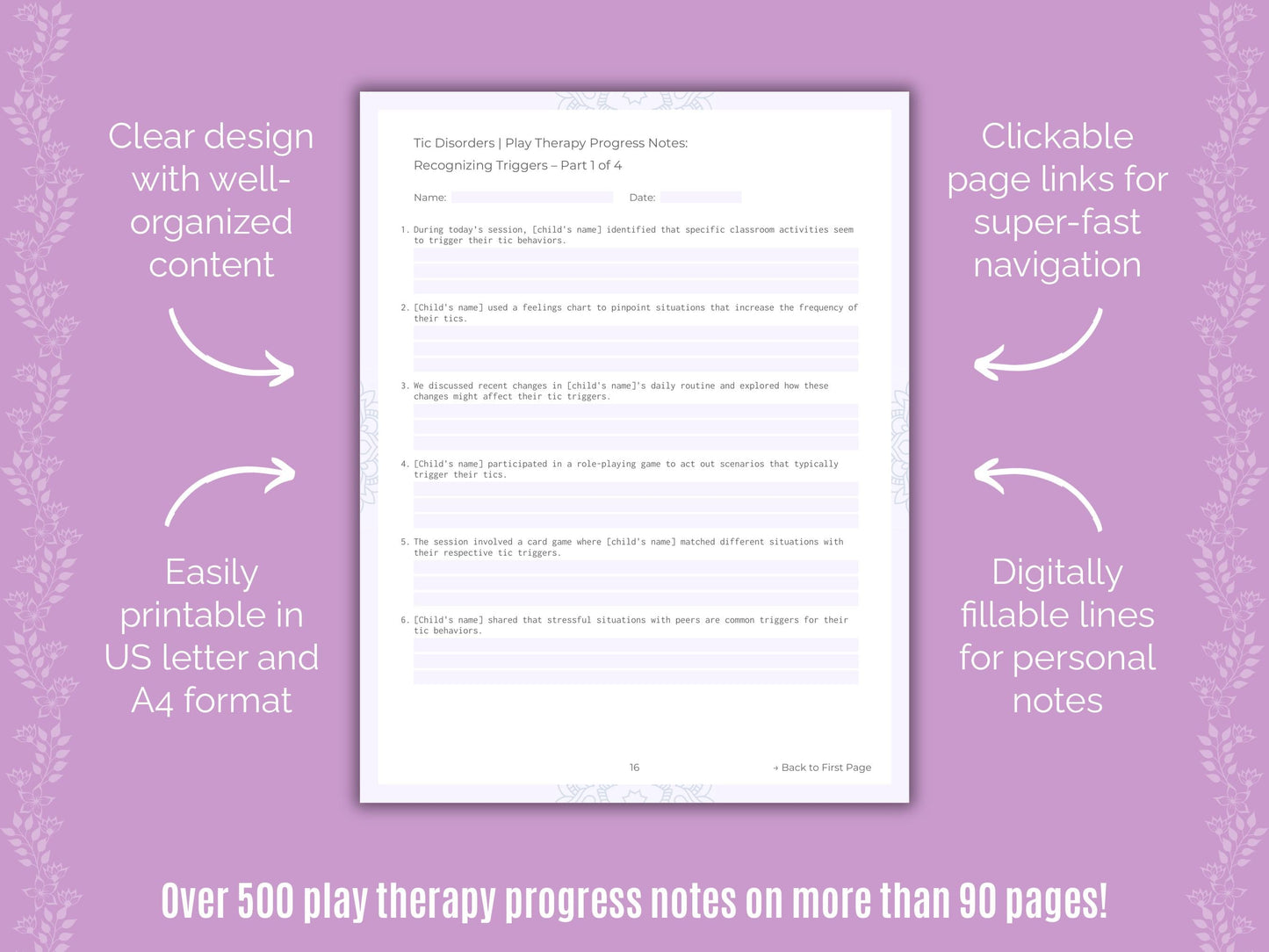 Tic Disorders Play Therapy Counseling Templates