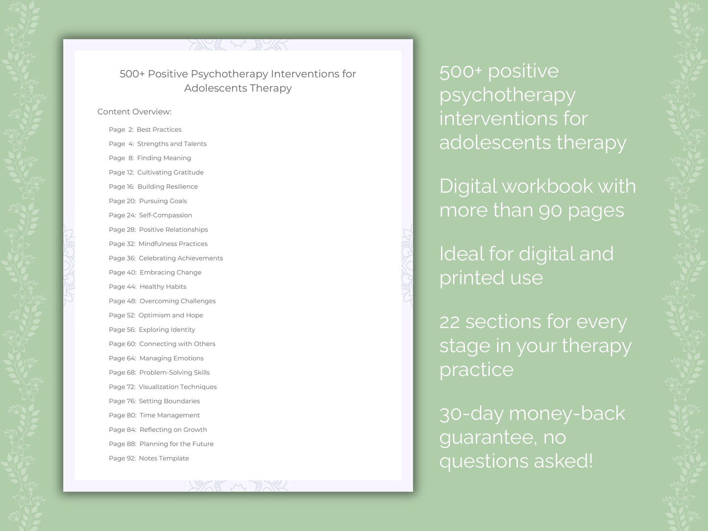 Adolescents Positive Psychotherapy Therapist Worksheets