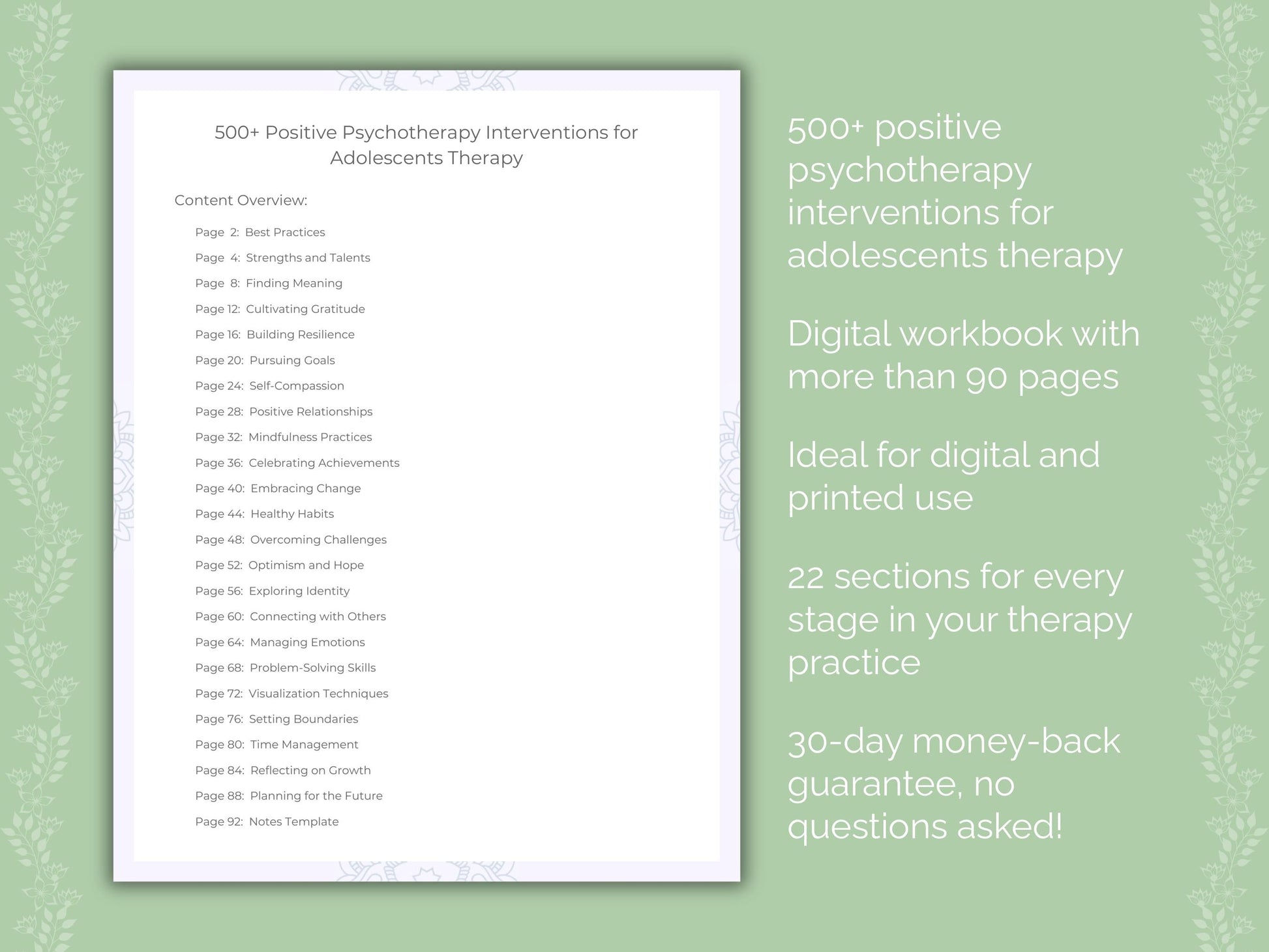 Adolescents Positive Psychotherapy Therapist Worksheets