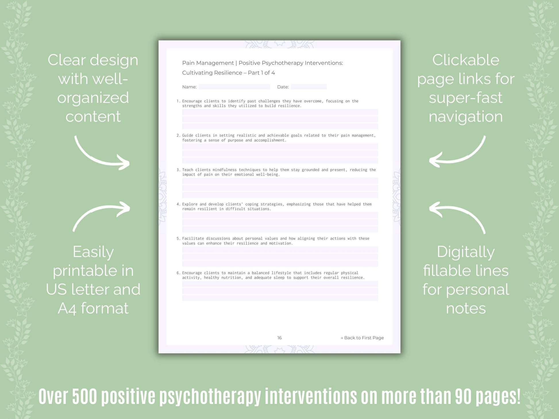 Pain Management Positive Psychotherapy Counseling Templates