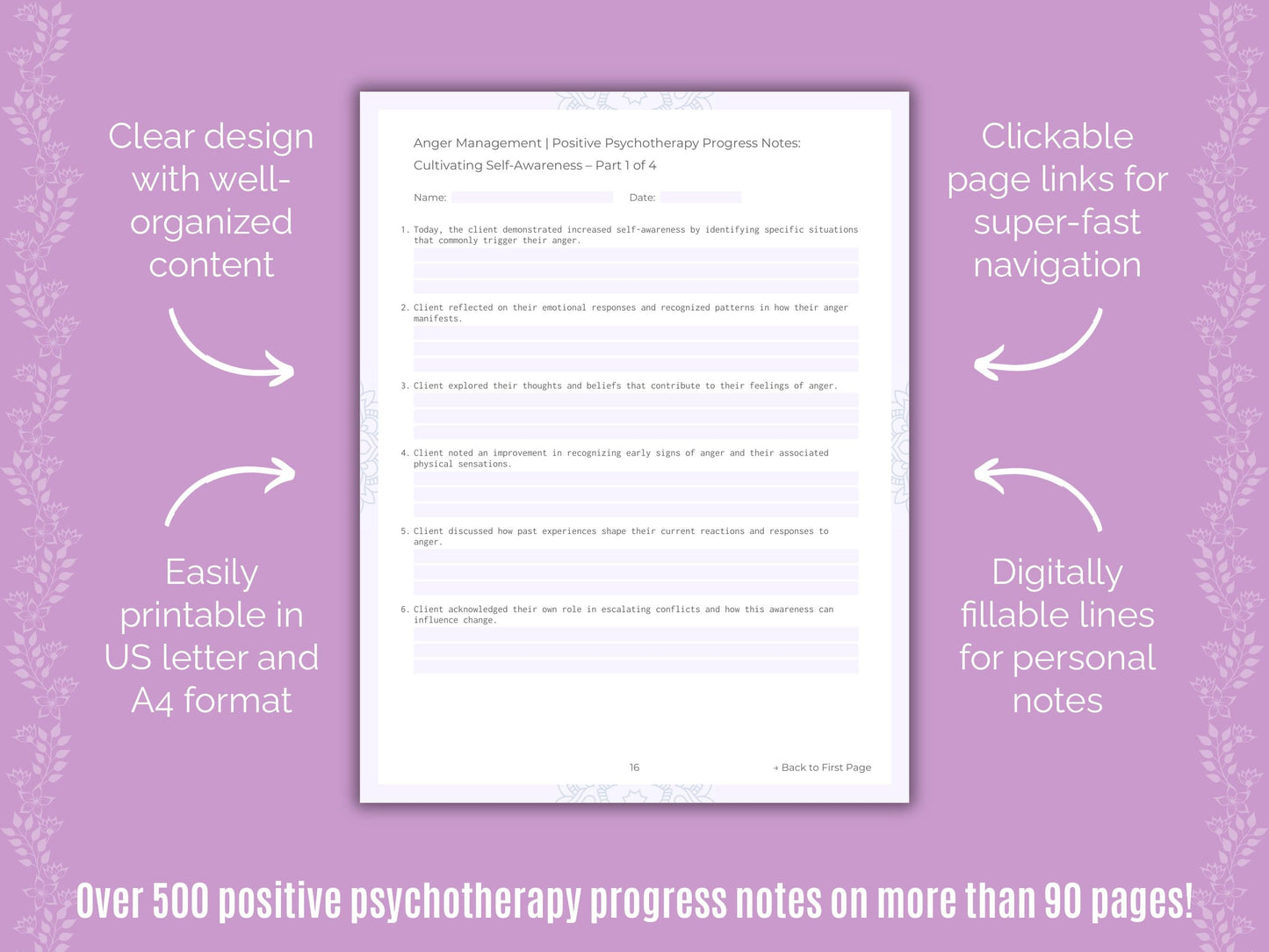 Anger Management Positive Psychotherapy Counseling Templates