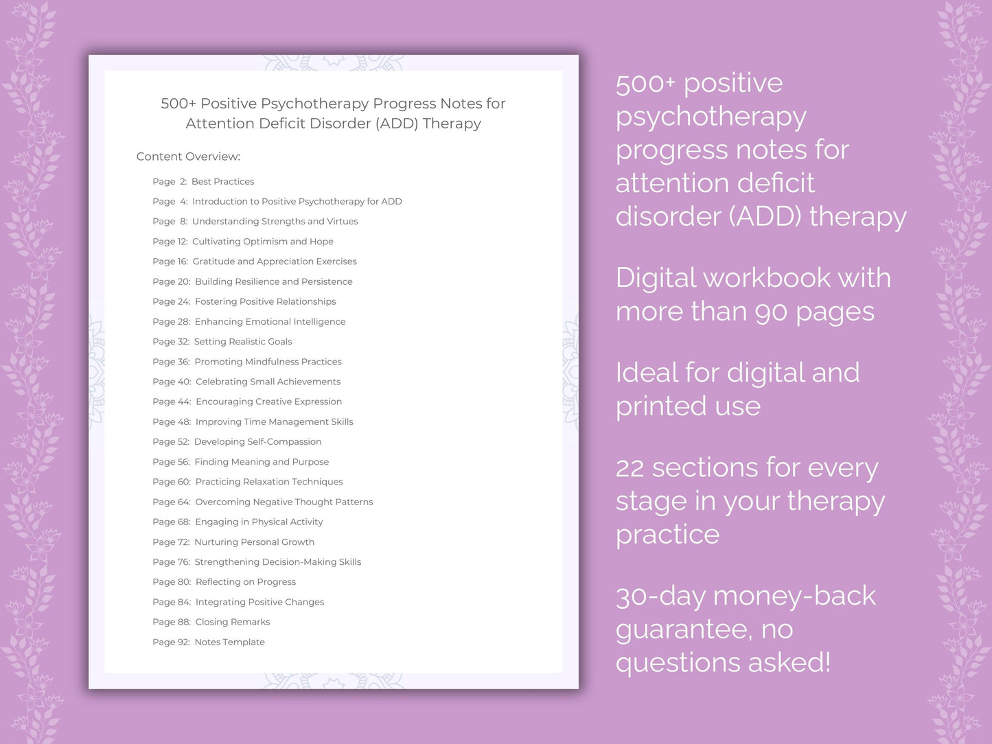 Attention Deficit Disorder (ADD) Positive Psychotherapy Therapist Worksheets