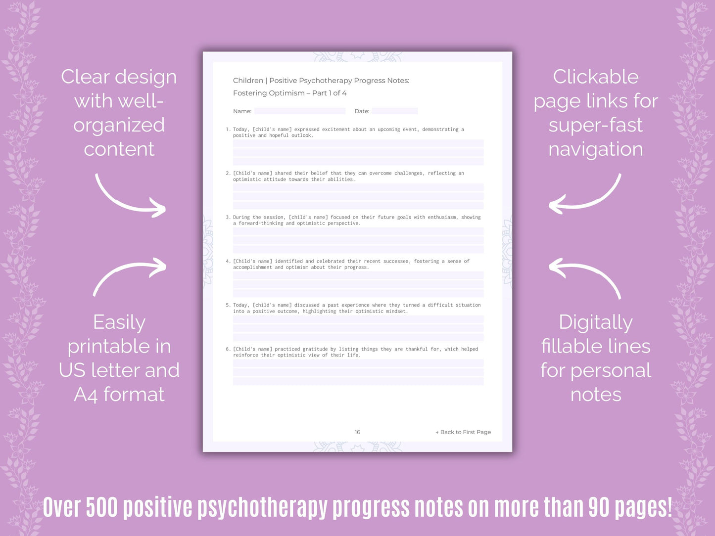 Children Positive Psychotherapy Counseling Templates