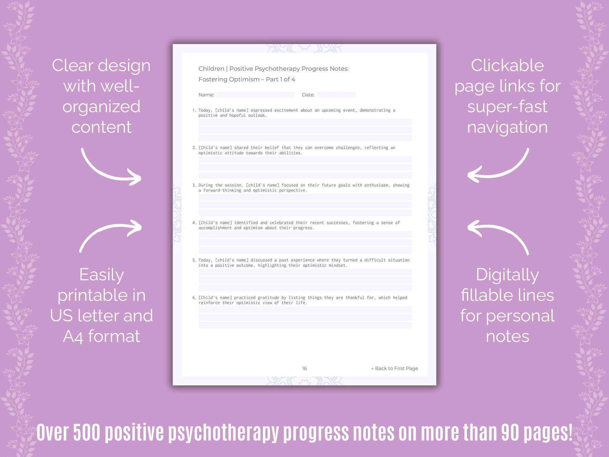 Children Positive Psychotherapy Counseling Templates
