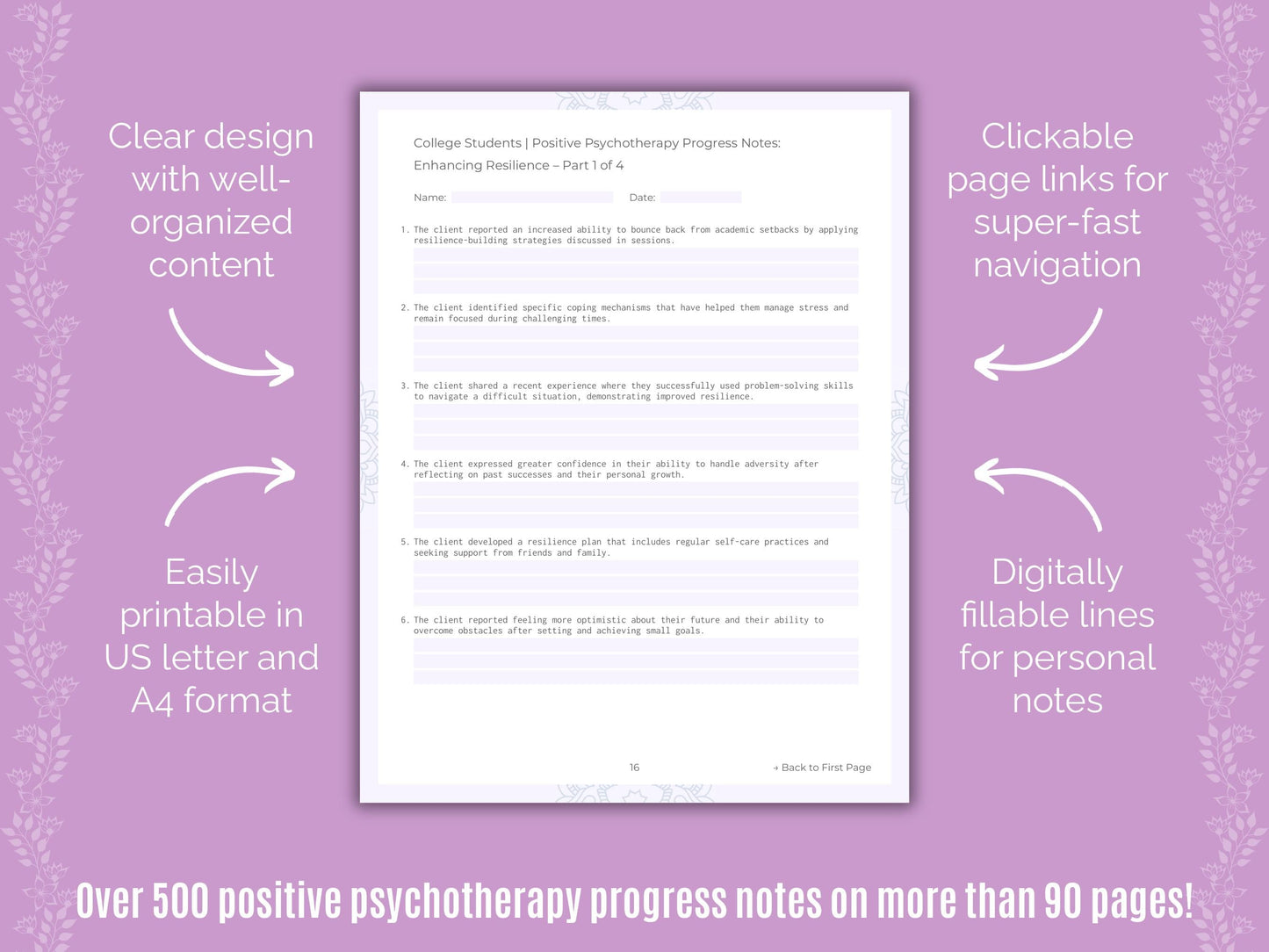 College Students Positive Psychotherapy Counseling Templates