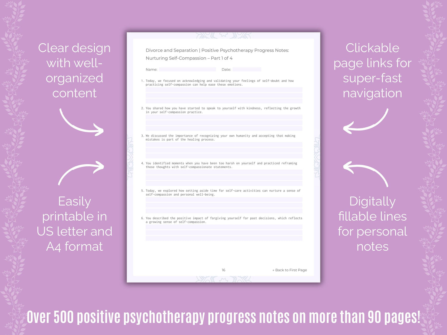 Divorce and Separation Positive Psychotherapy Counseling Templates