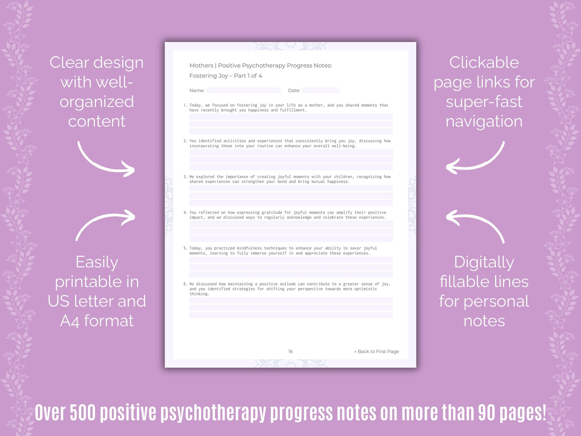 Mothers Positive Psychotherapy Counseling Templates