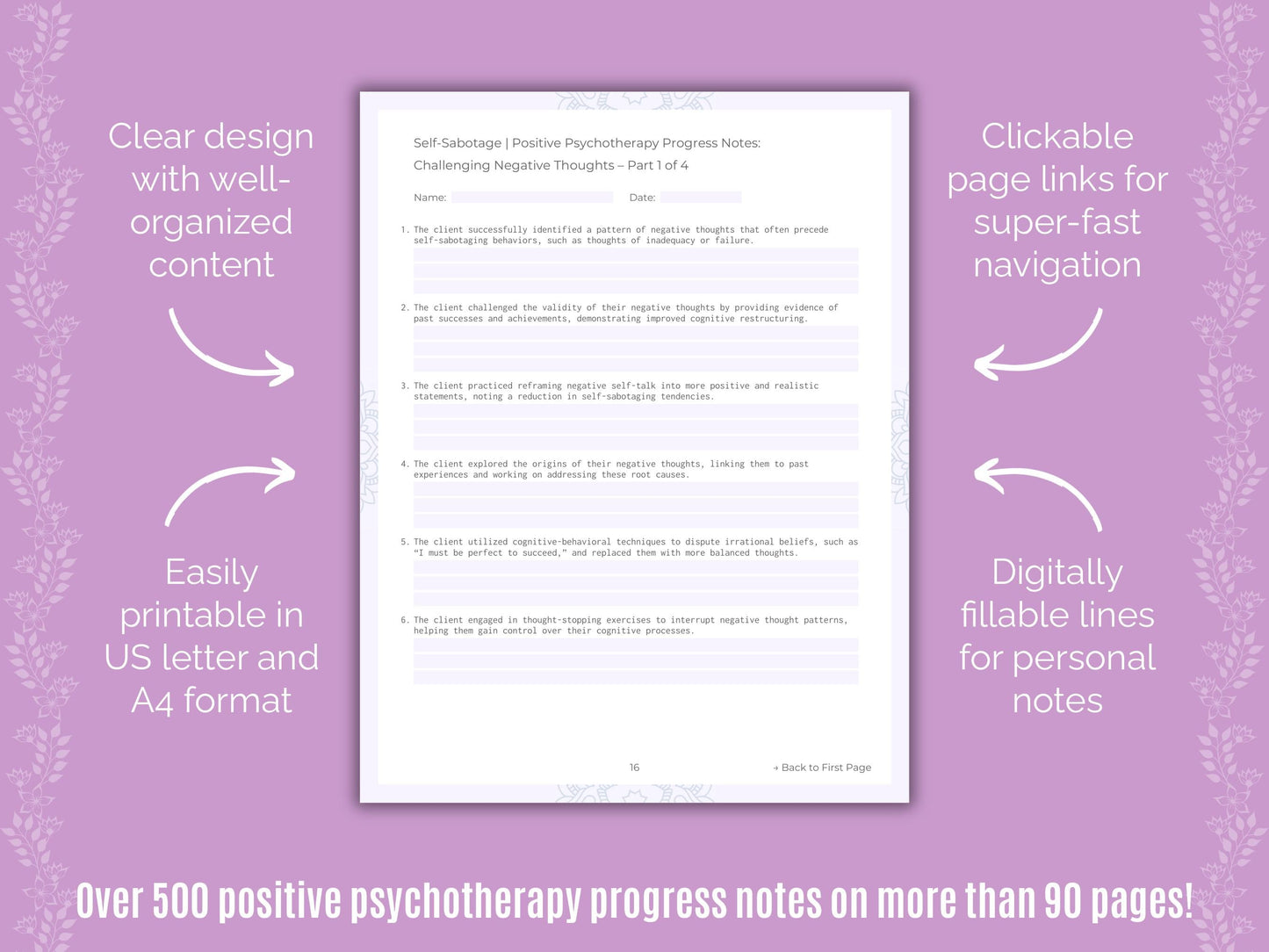 Self-Sabotage Positive Psychotherapy Counseling Templates