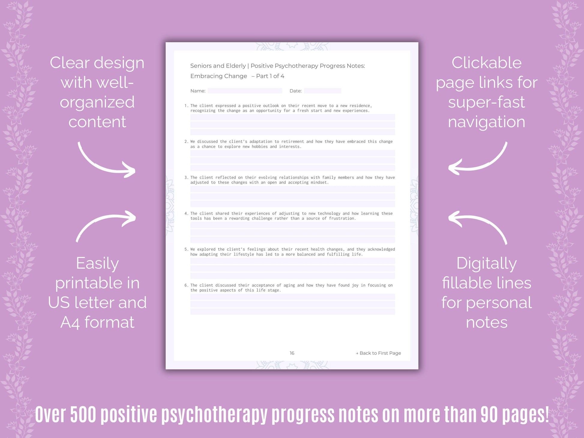 Seniors and Elderly Positive Psychotherapy Counseling Templates