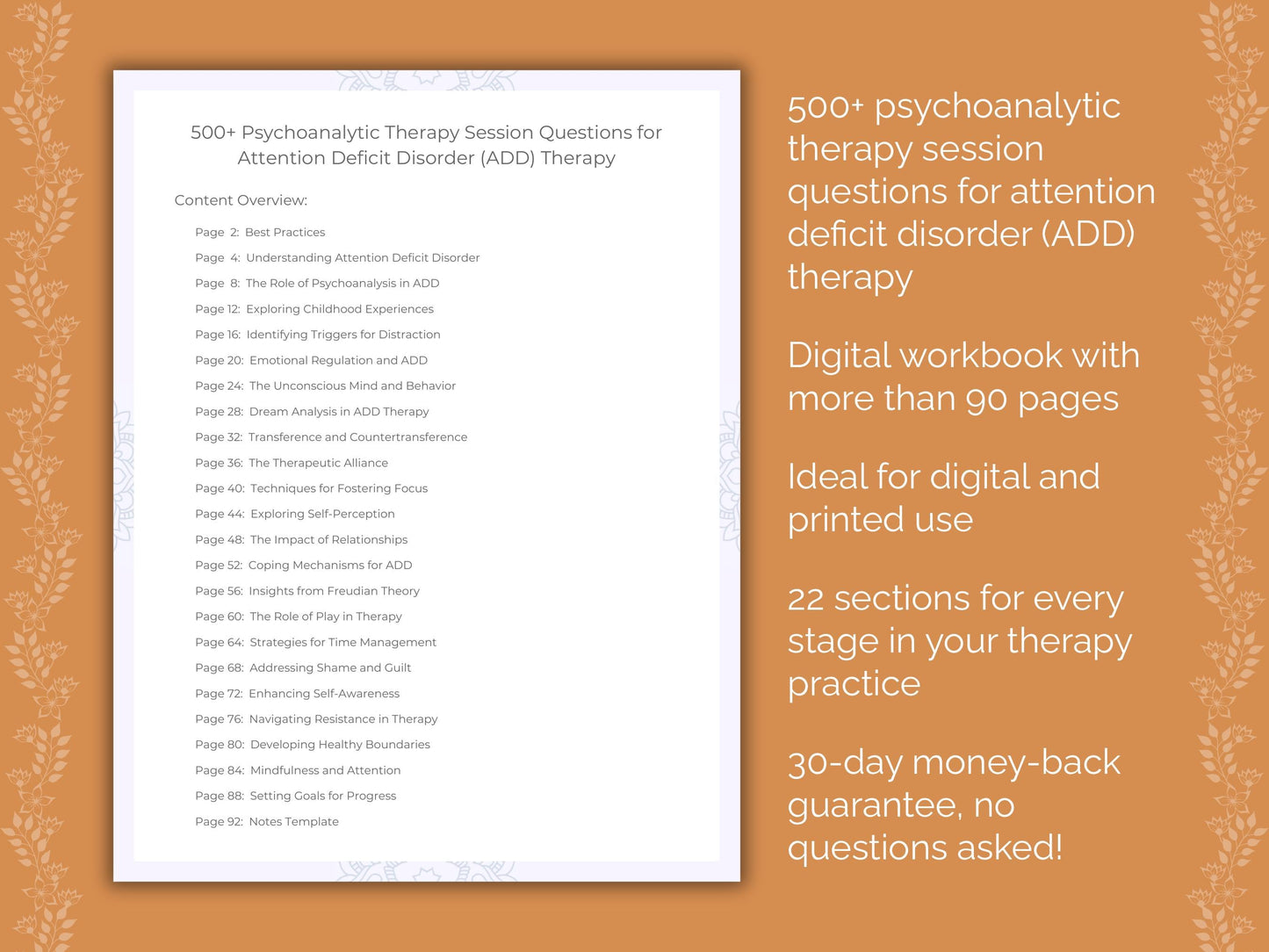 Attention Deficit Disorder (ADD) Psychoanalytic Therapy Therapist Worksheets