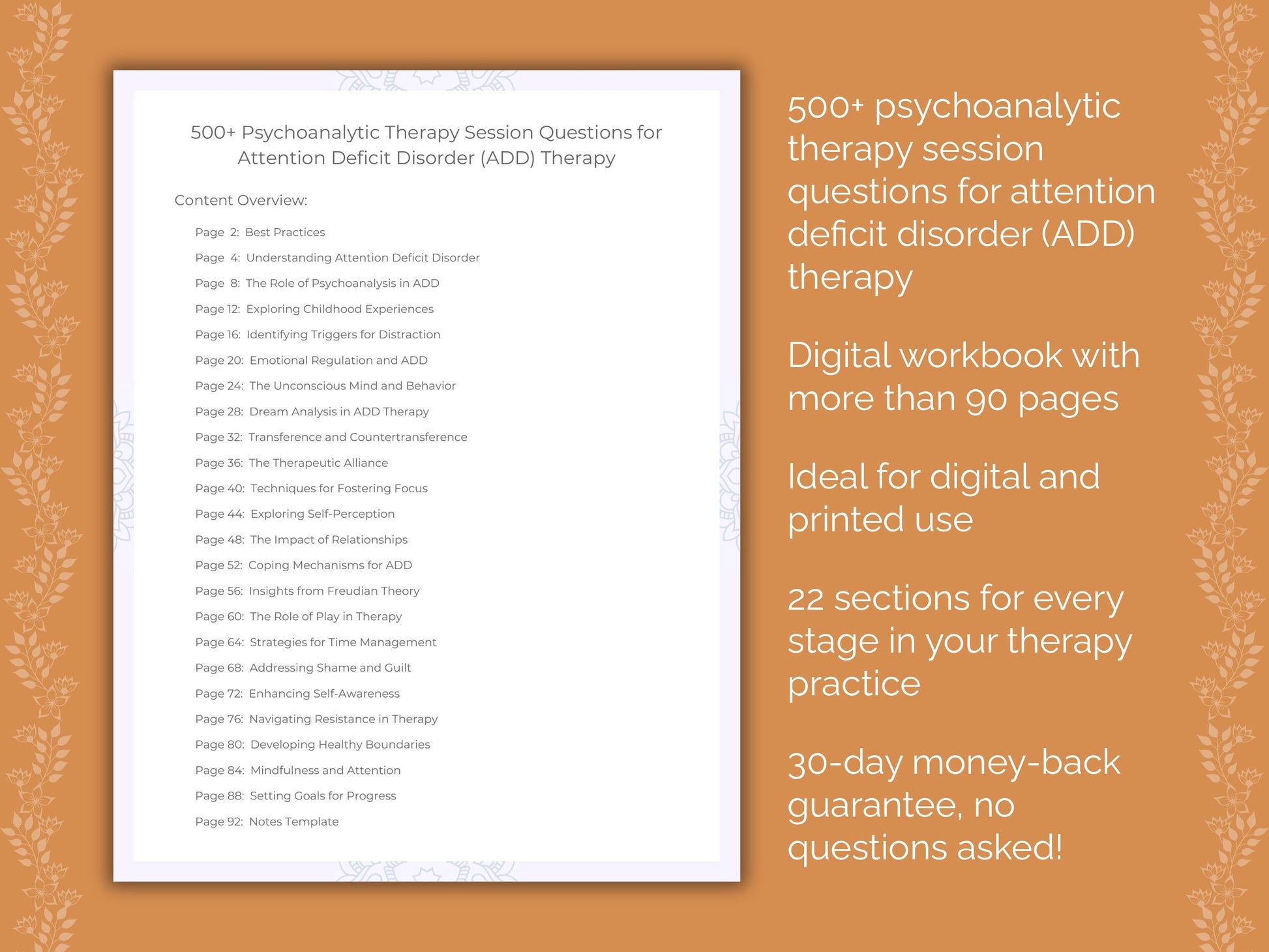 Attention Deficit Disorder (ADD) Psychoanalytic Therapy Therapist Worksheets
