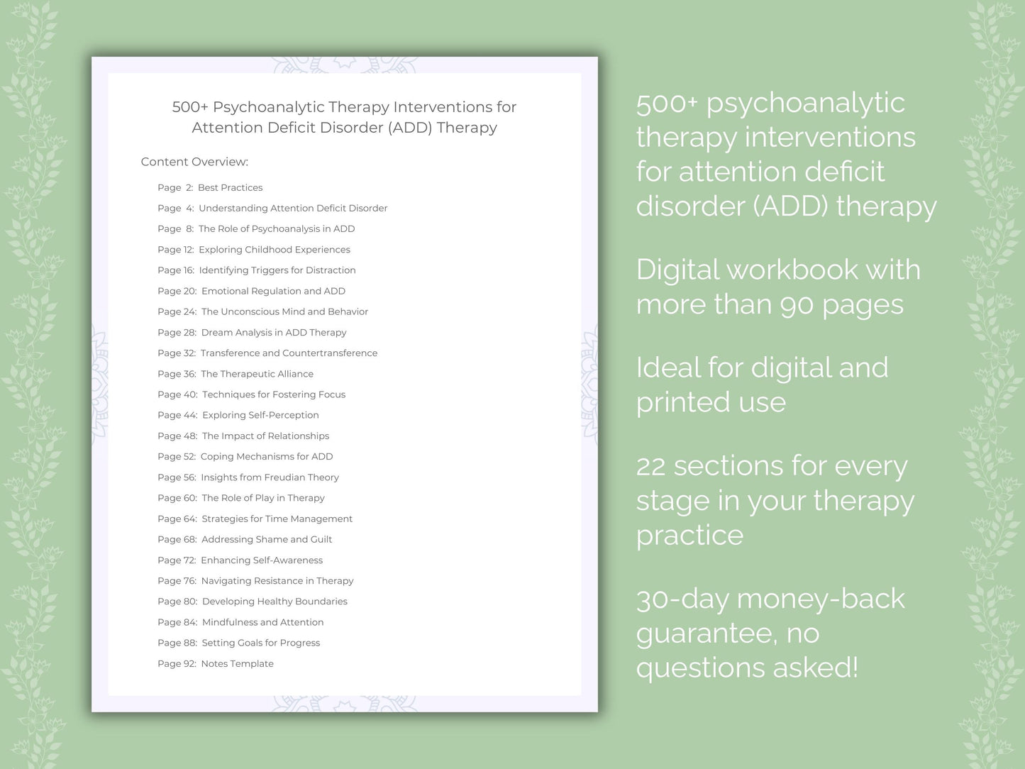 Attention Deficit Disorder (ADD) Psychoanalytic Therapy Therapist Worksheets