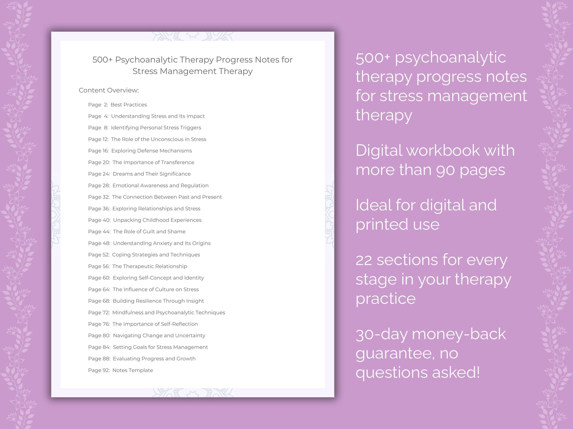 Stress Management Psychoanalytic Therapy Therapist Worksheets