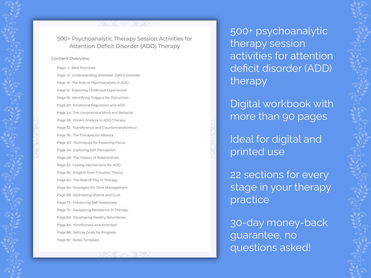 Attention Deficit Disorder (ADD) Psychoanalytic Therapy Therapist Worksheets