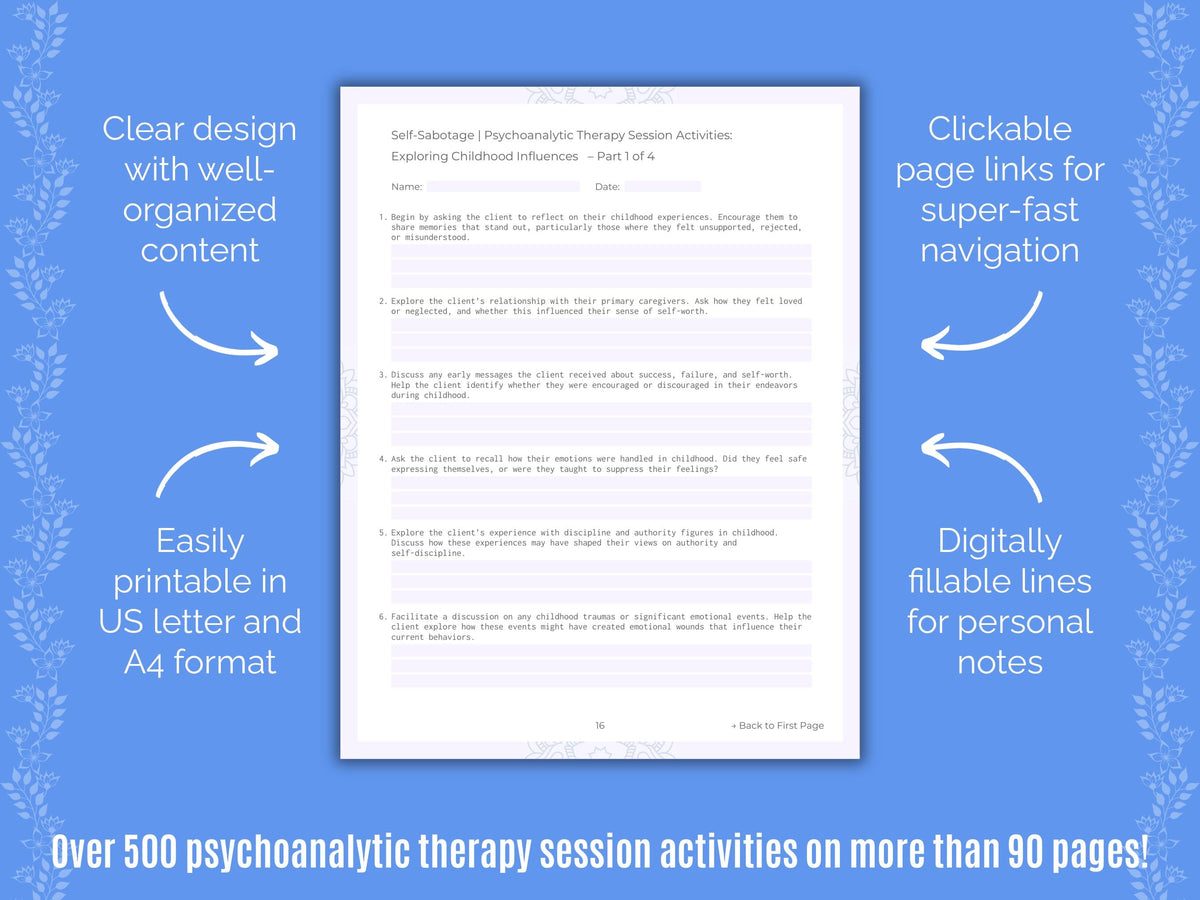Self-Sabotage Psychoanalytic Therapy Counseling Templates