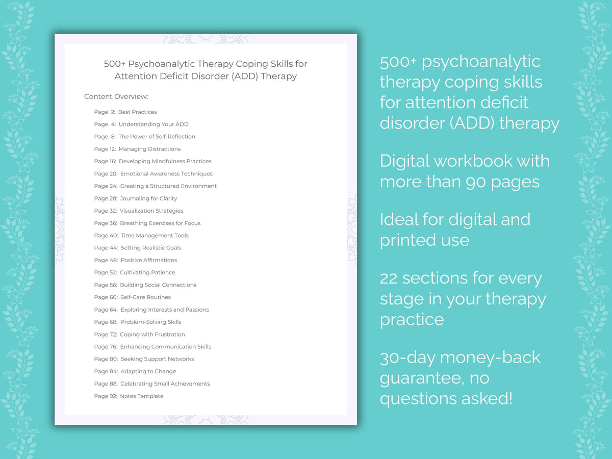 Attention Deficit Disorder (ADD) Psychoanalytic Therapy Therapist Worksheets