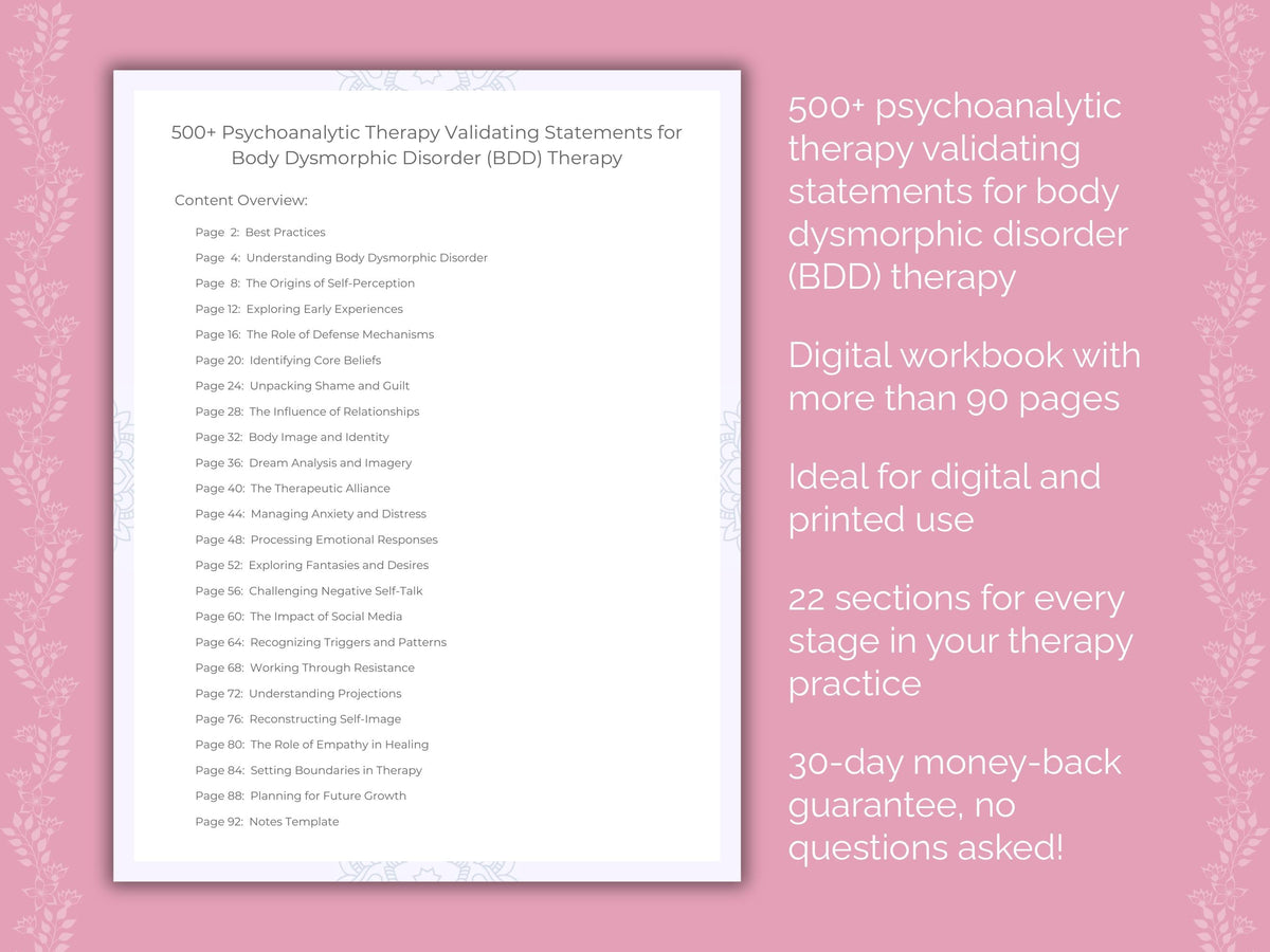 Body Dysmorphic Disorder (BDD) Psychoanalytic Therapy Therapist Worksheets