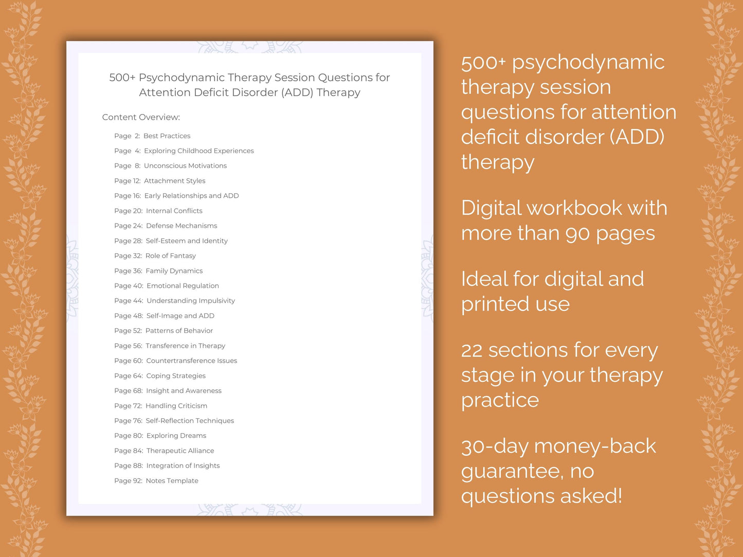 Attention Deficit Disorder (ADD) Psychodynamic Therapy Therapist Worksheets