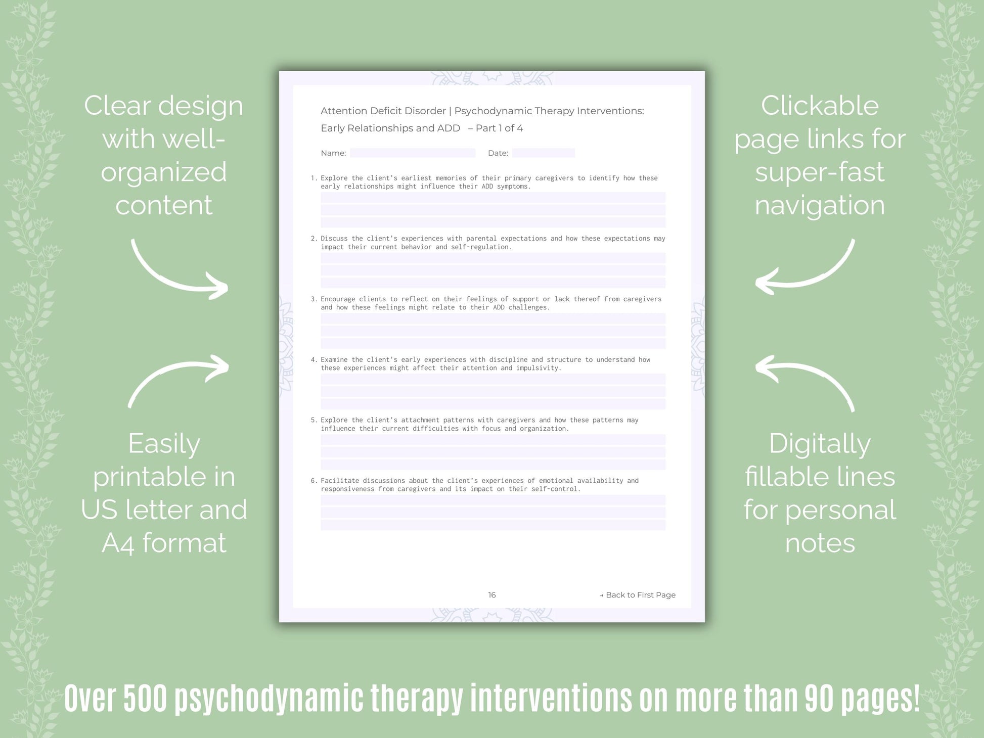 Attention Deficit Disorder (ADD) Psychodynamic Therapy Counseling Templates