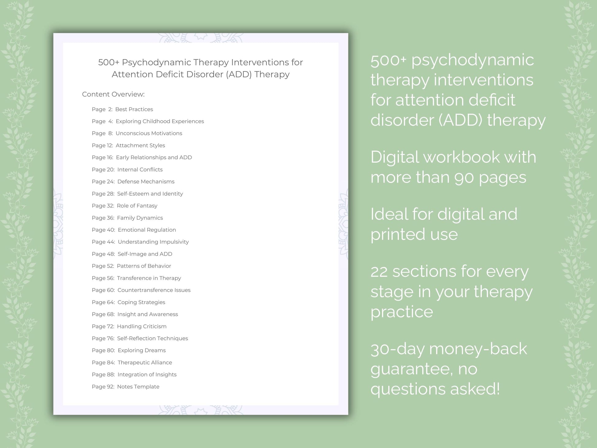 Attention Deficit Disorder (ADD) Psychodynamic Therapy Therapist Worksheets