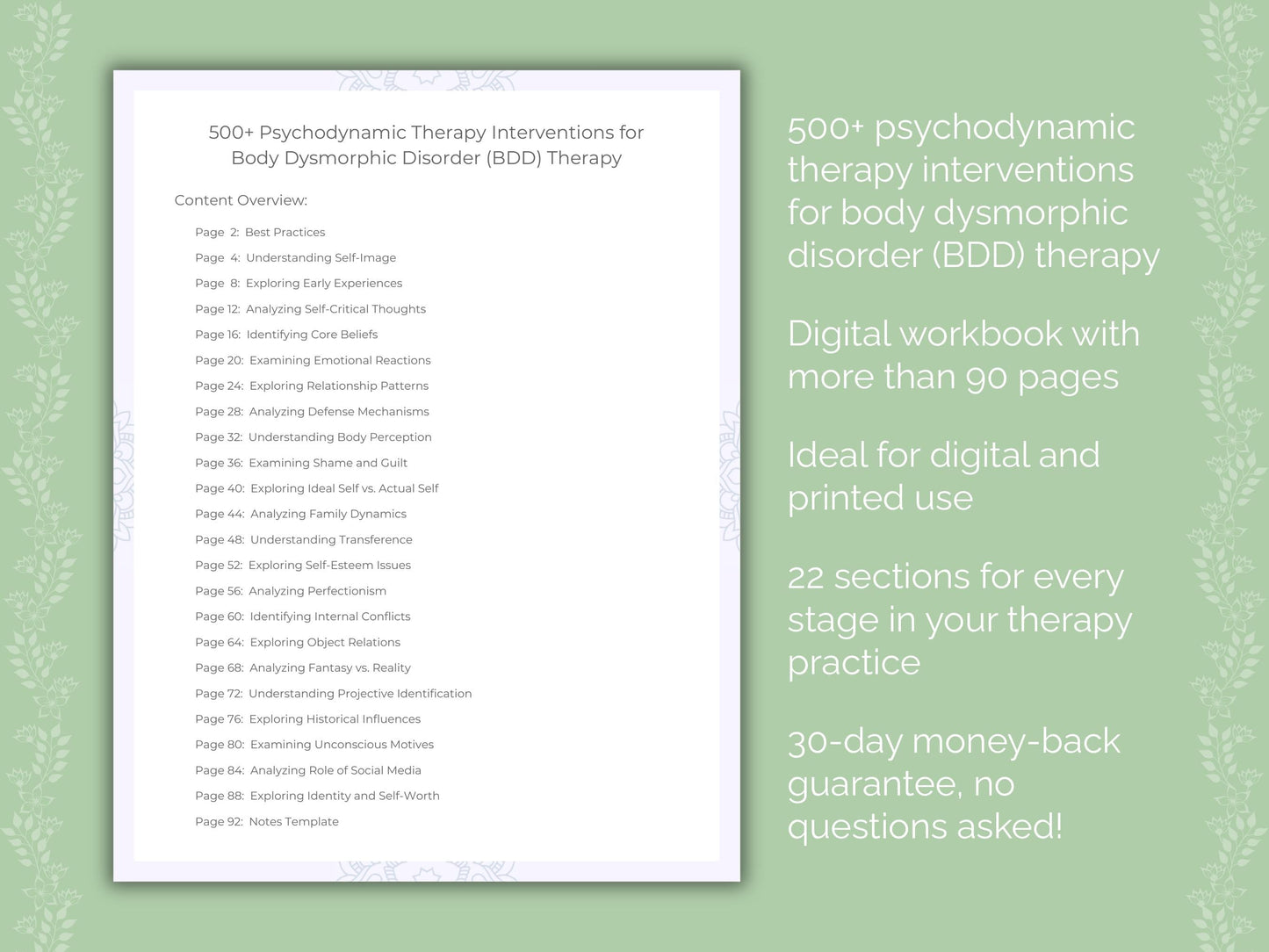 Body Dysmorphic Disorder (BDD) Psychodynamic Therapy Therapist Worksheets