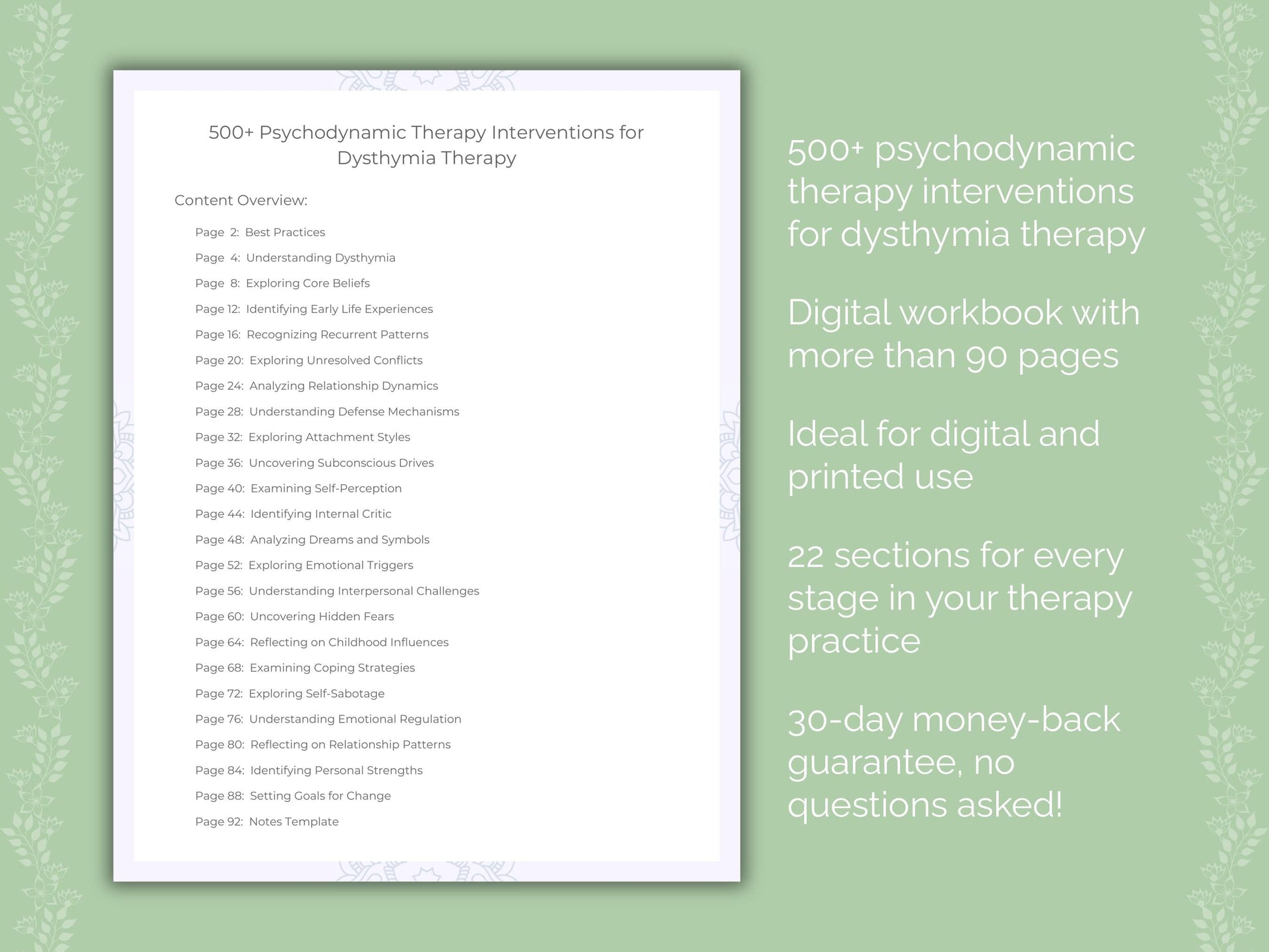 Dysthymia Psychodynamic Therapy Therapist Worksheets