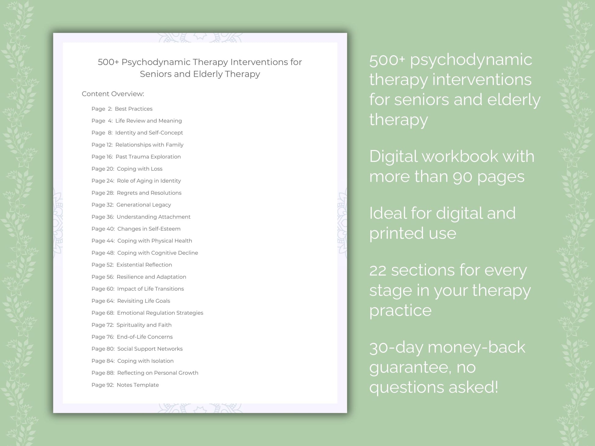 Seniors and Elderly Psychodynamic Therapy Therapist Worksheets