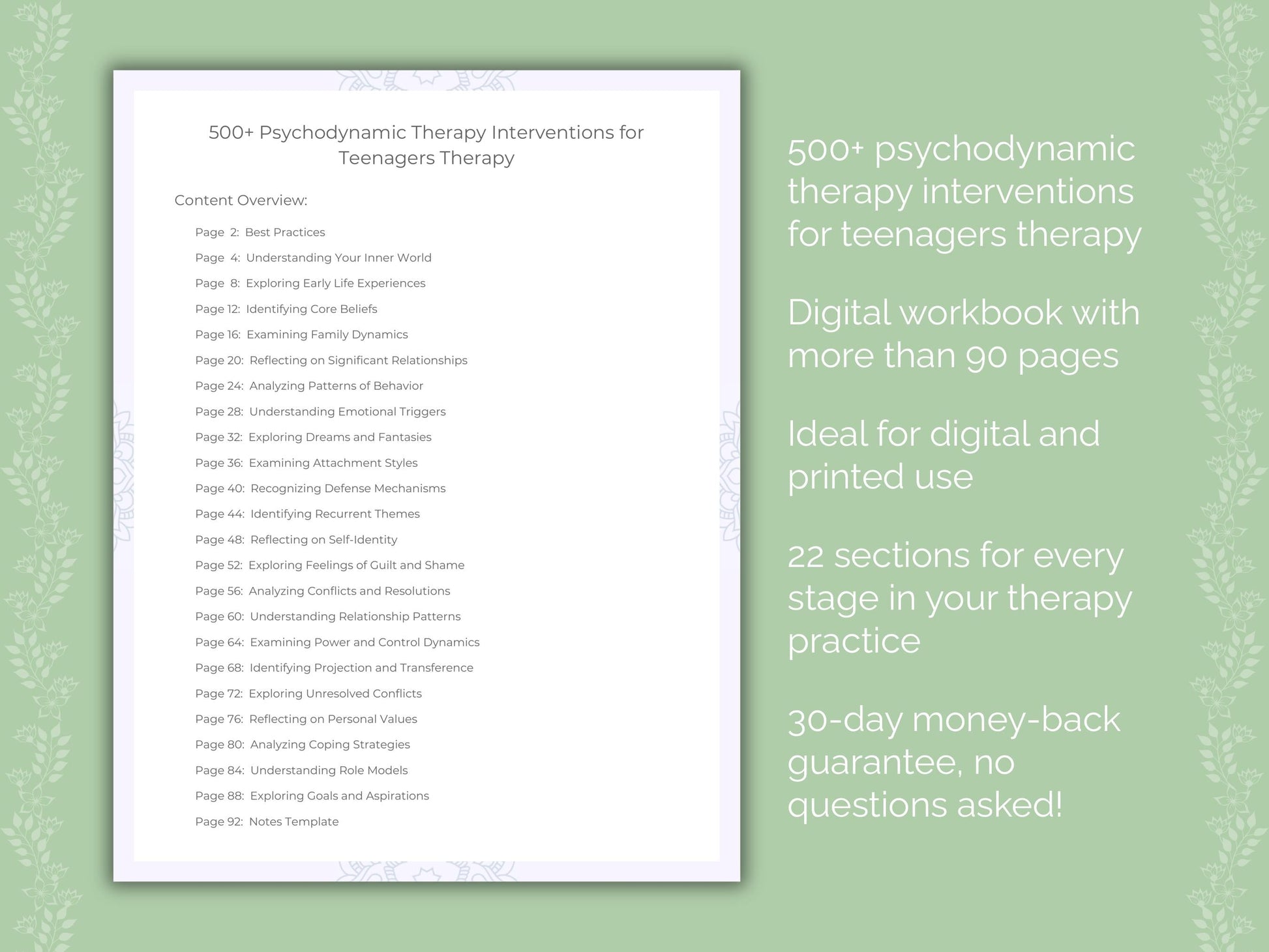 Teenagers Psychodynamic Therapy Therapist Worksheets