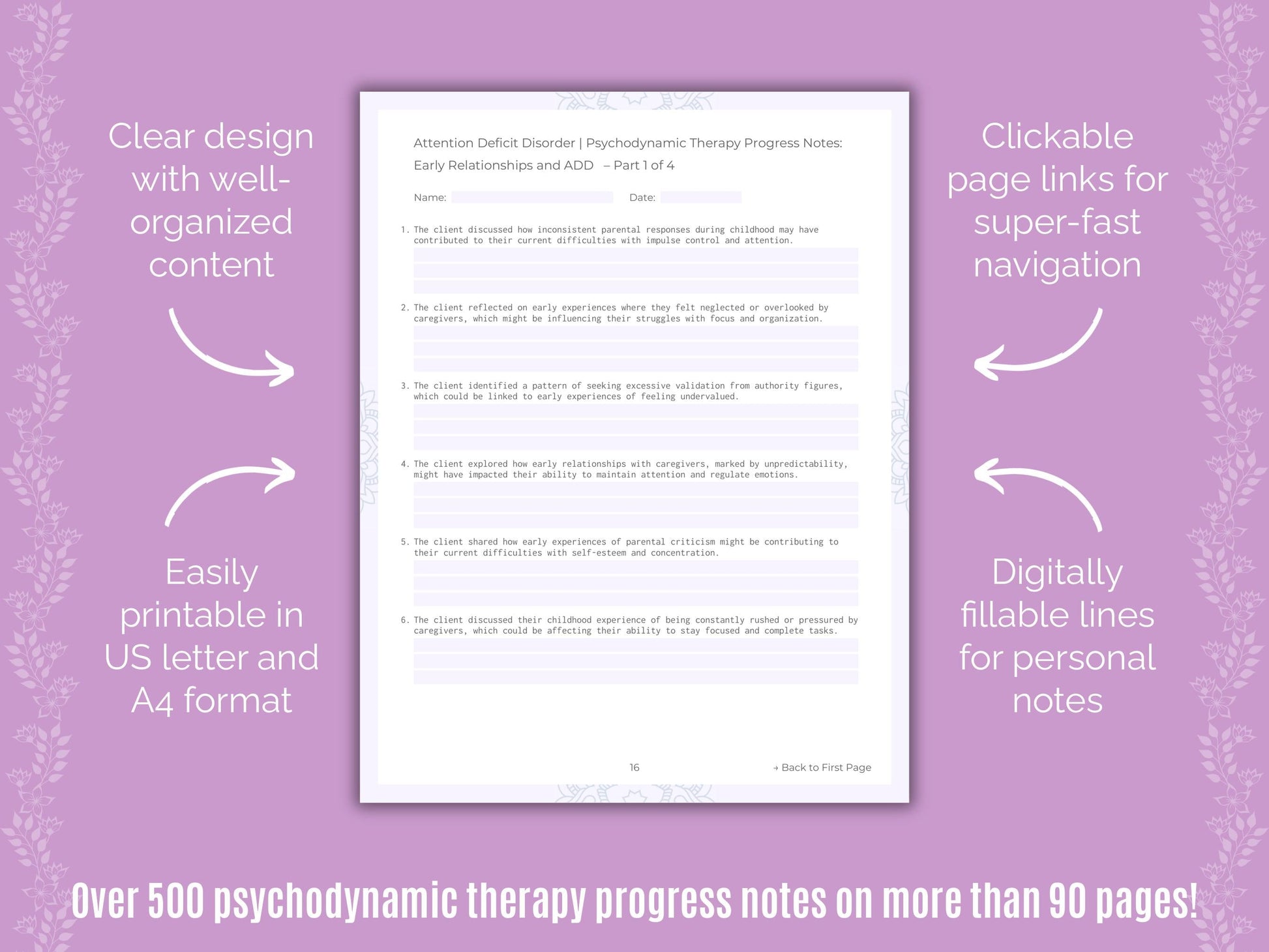 Attention Deficit Disorder (ADD) Psychodynamic Therapy Counseling Templates