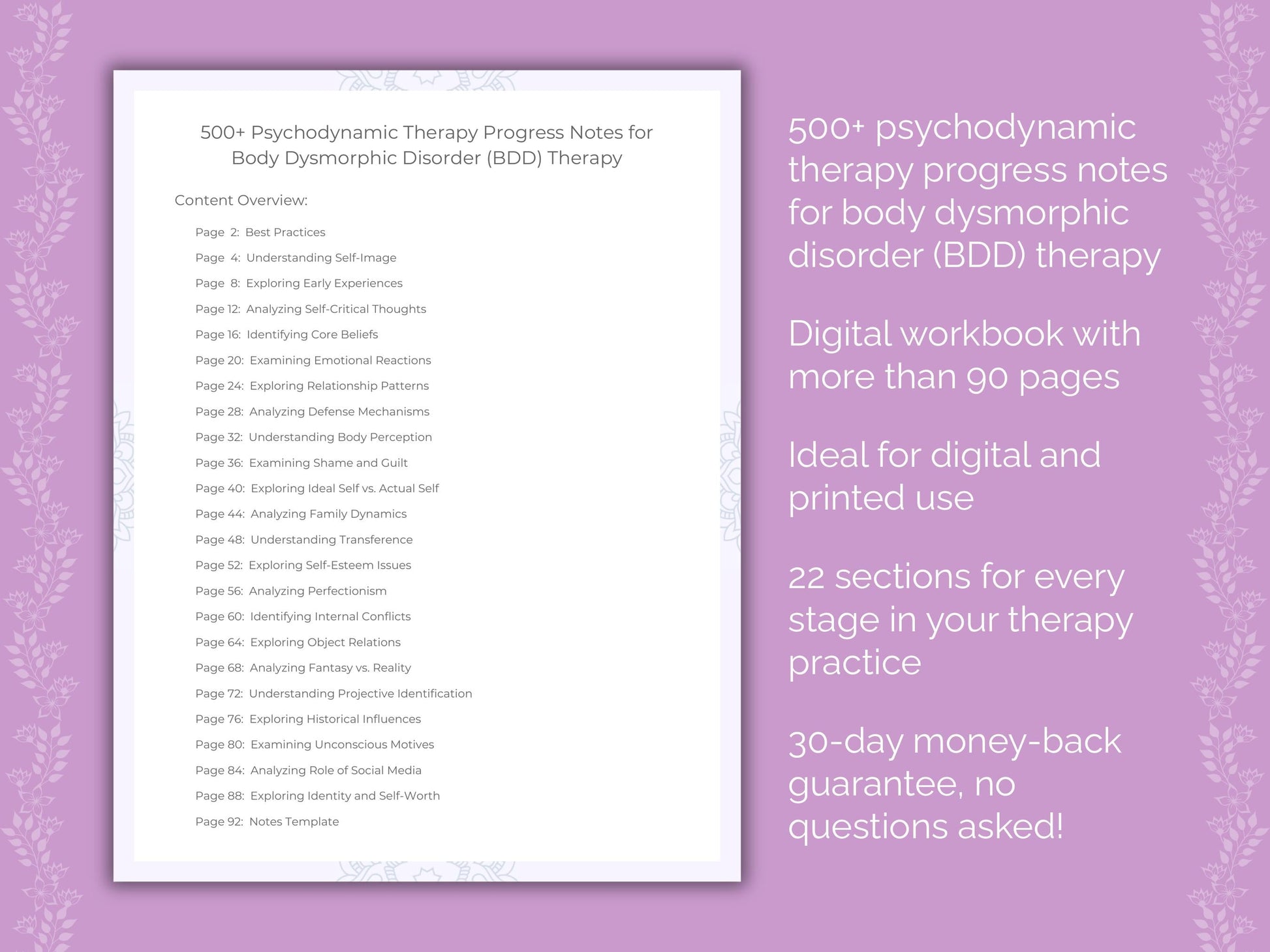 Body Dysmorphic Disorder (BDD) Psychodynamic Therapy Therapist Worksheets